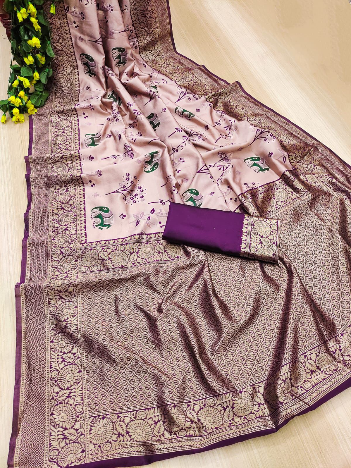 Wine Banarasi Silk Saree With Excellent Blouse Piece