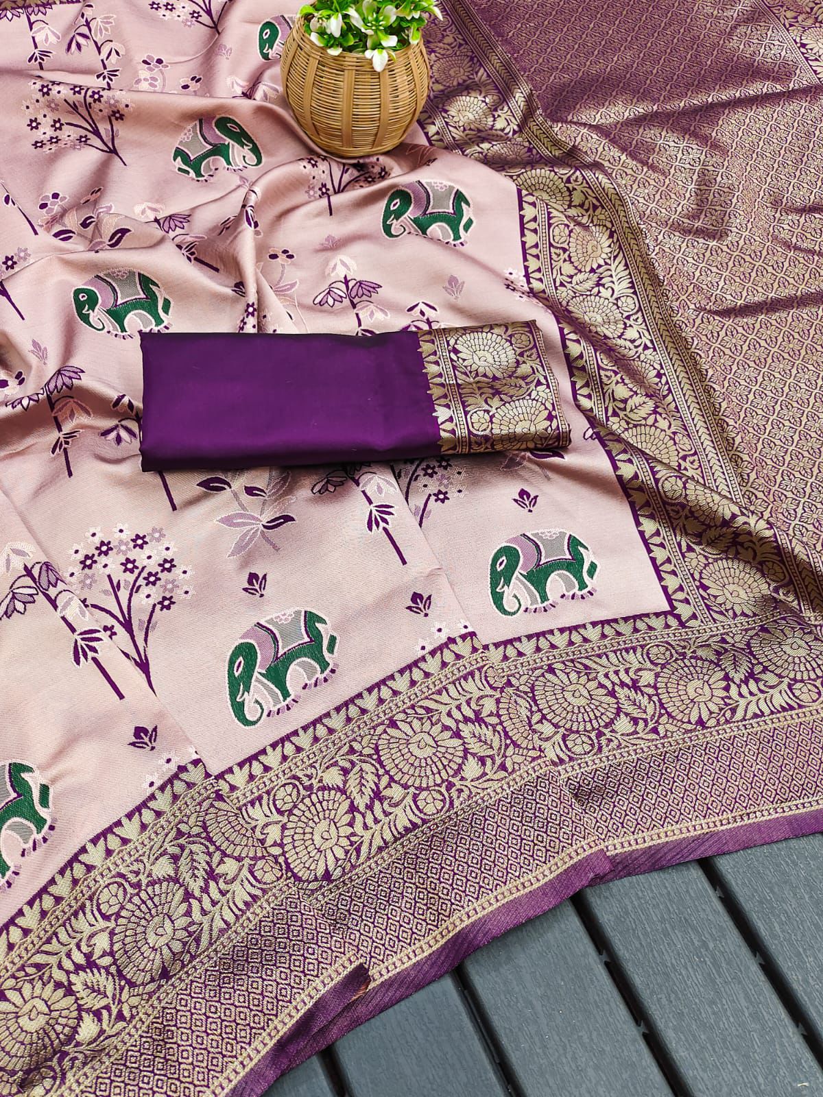 Wine Banarasi Silk Saree With Excellent Blouse Piece