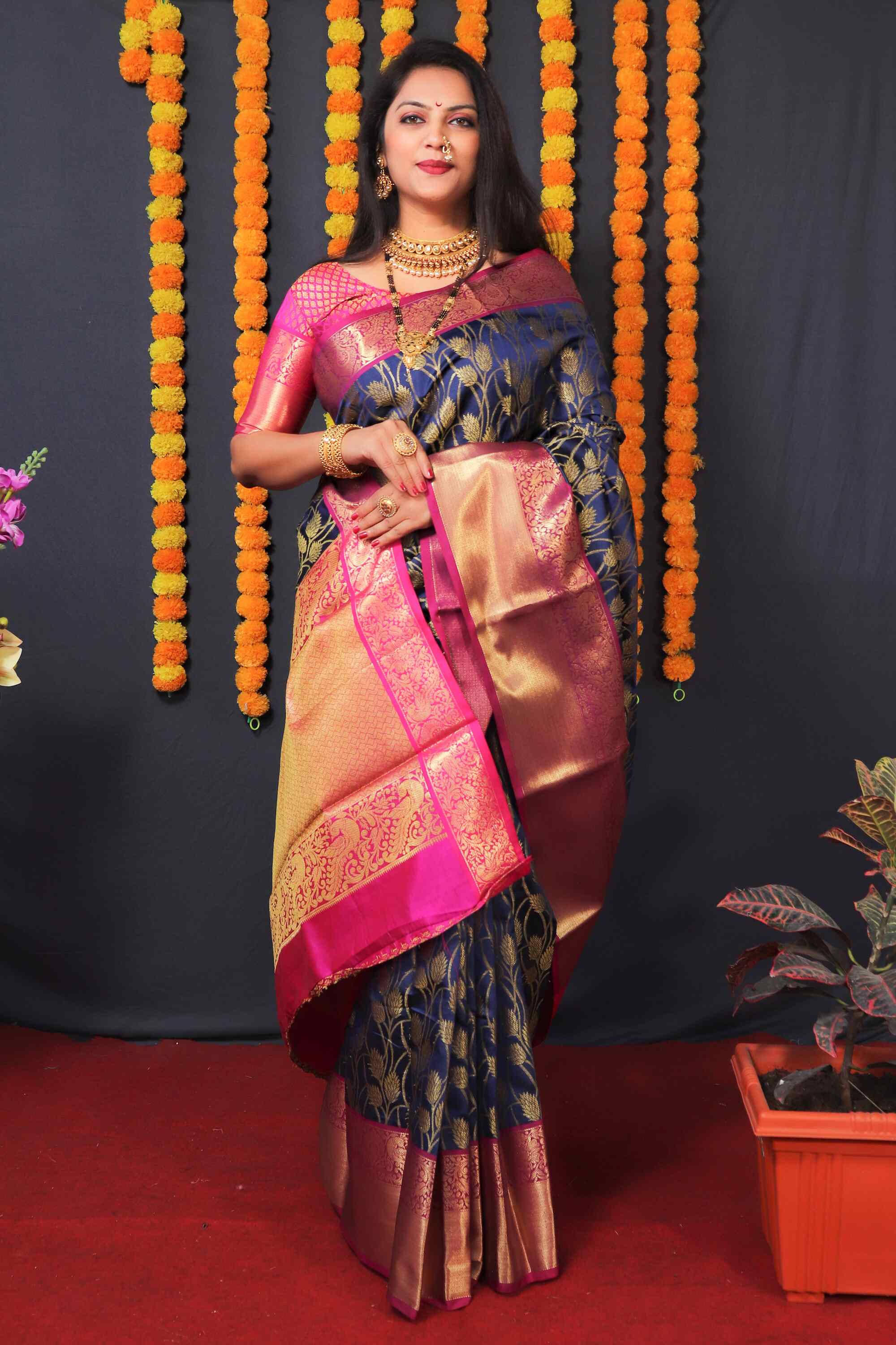 Blue Kanjivaram Silk Woven Zari Saree with Blouse Piece