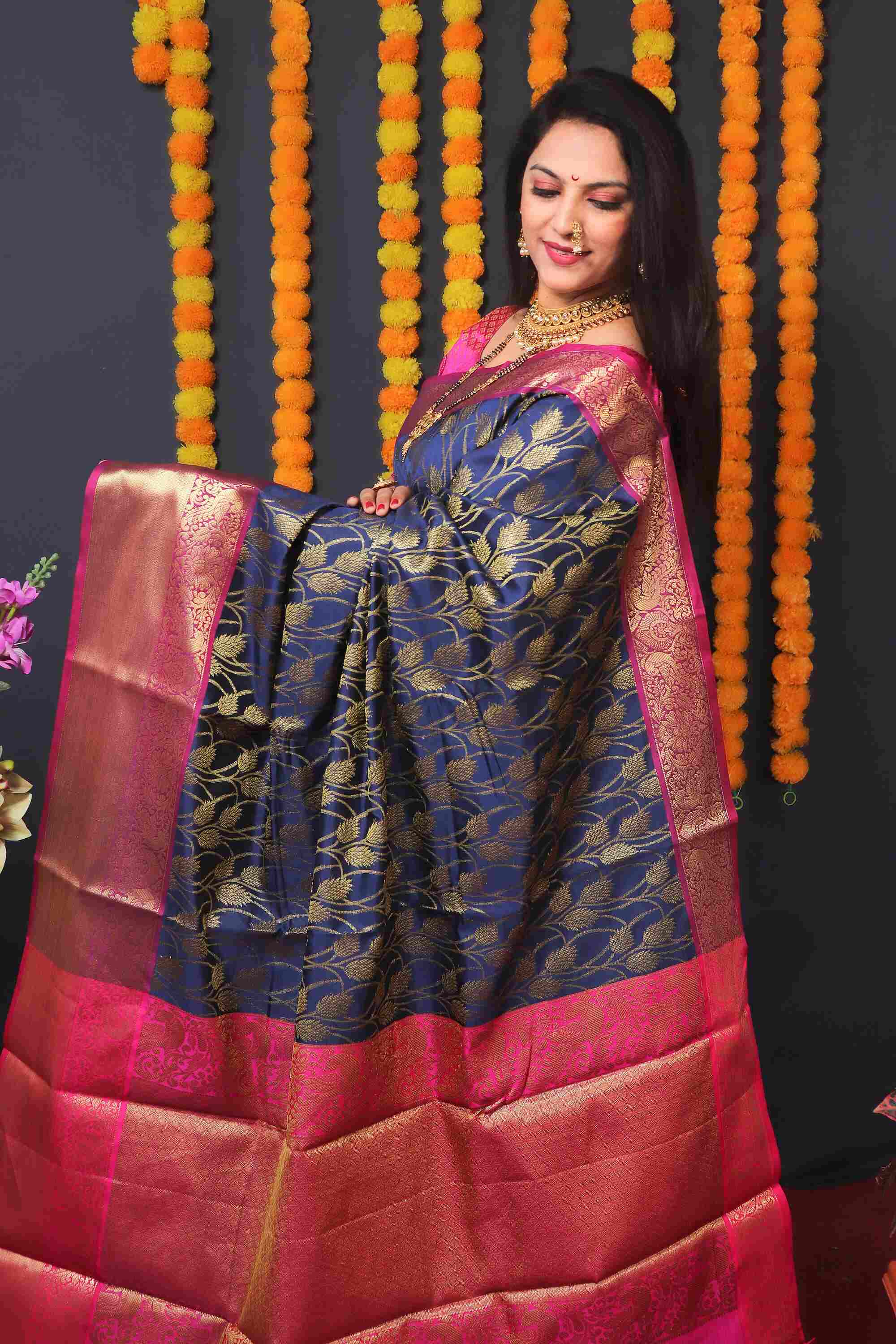 Blue Kanjivaram Silk Woven Zari Saree with Blouse Piece