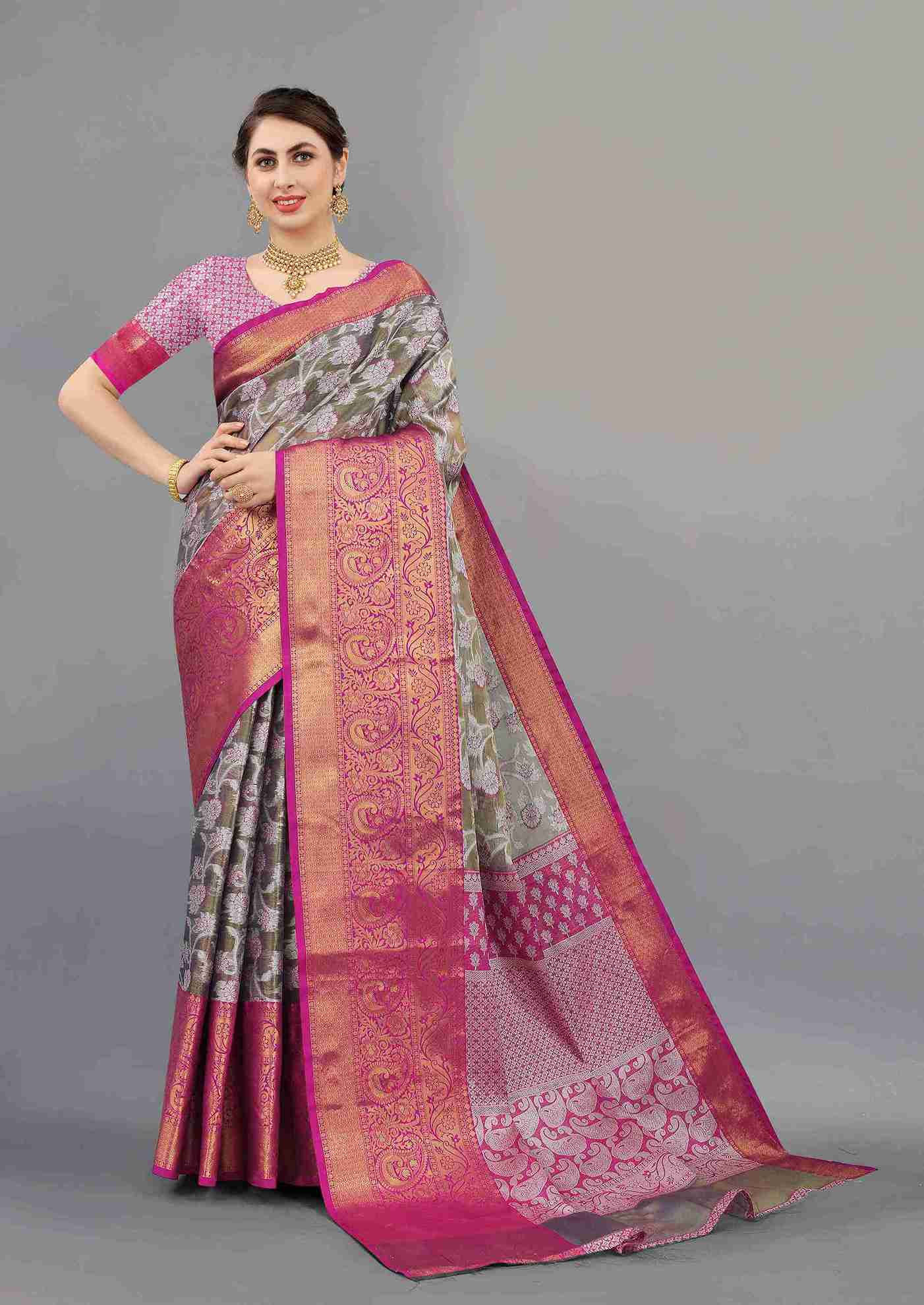 Grey Pink Soft Organza Silk Saree  With Rich golden Zari Wooven  Pallu  Zari weawing