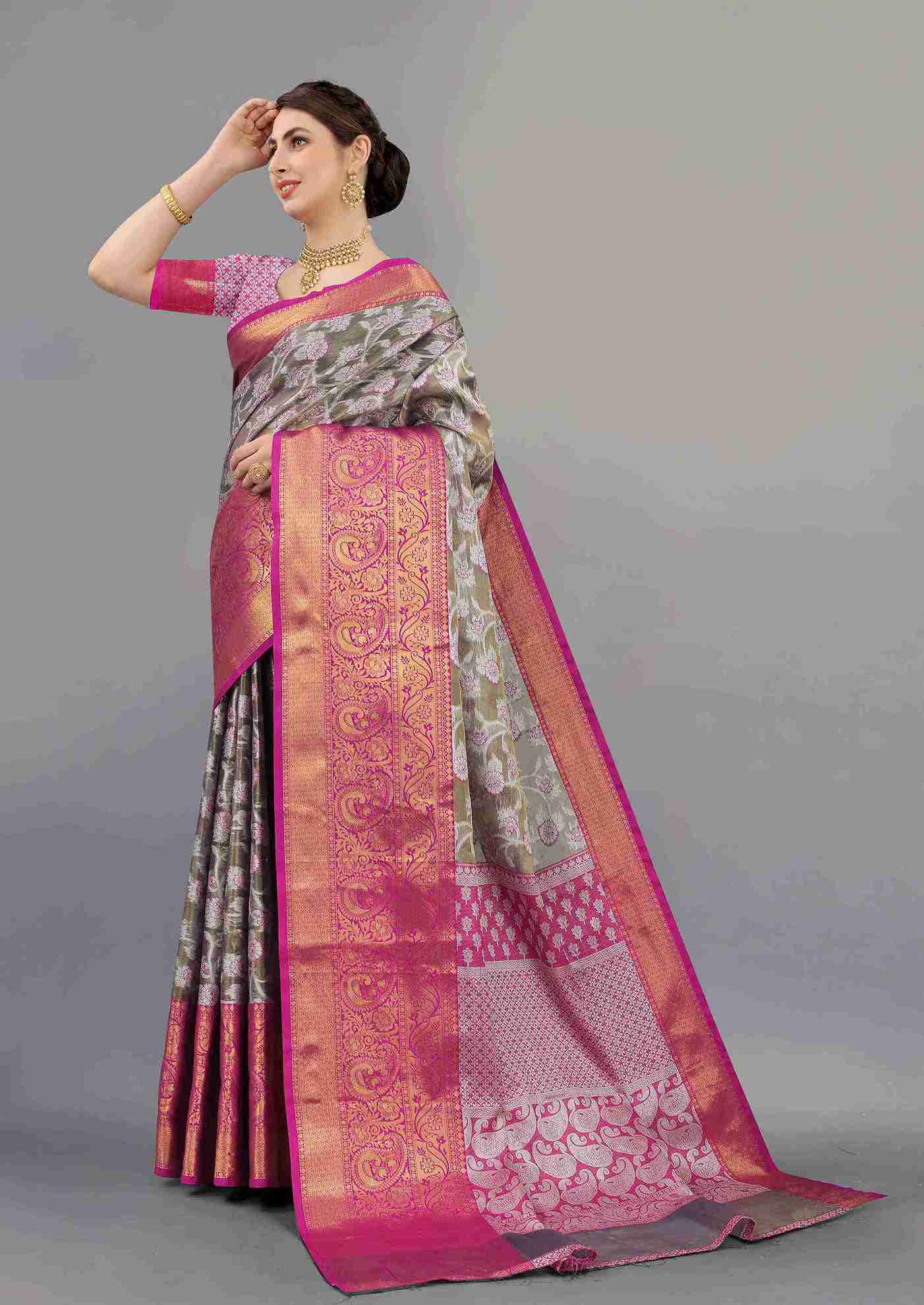 Grey Pink Soft Organza Silk Saree  With Rich golden Zari Wooven  Pallu  Zari weawing