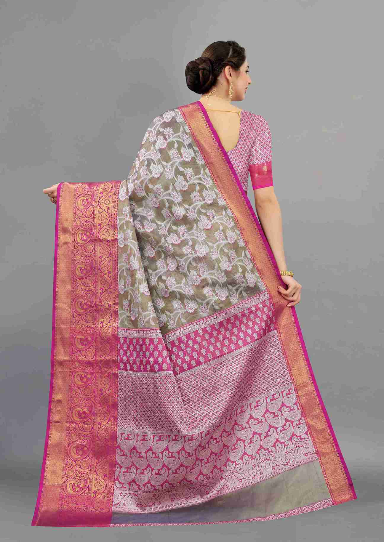 Grey Pink Soft Organza Silk Saree  With Rich golden Zari Wooven  Pallu  Zari weawing