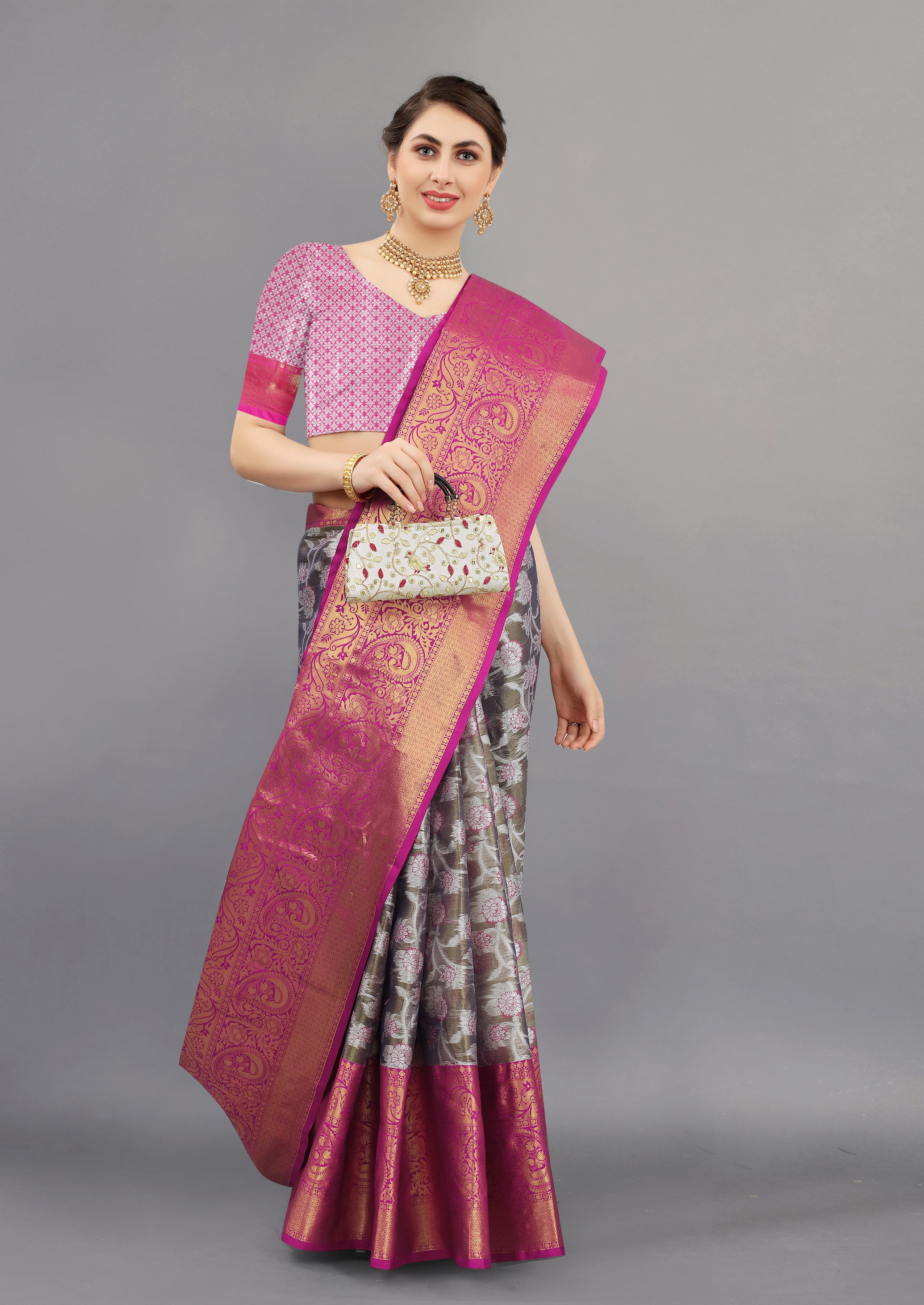 Grey Pink Soft Organza Silk Saree  With Rich golden Zari Wooven  Pallu  Zari weawing