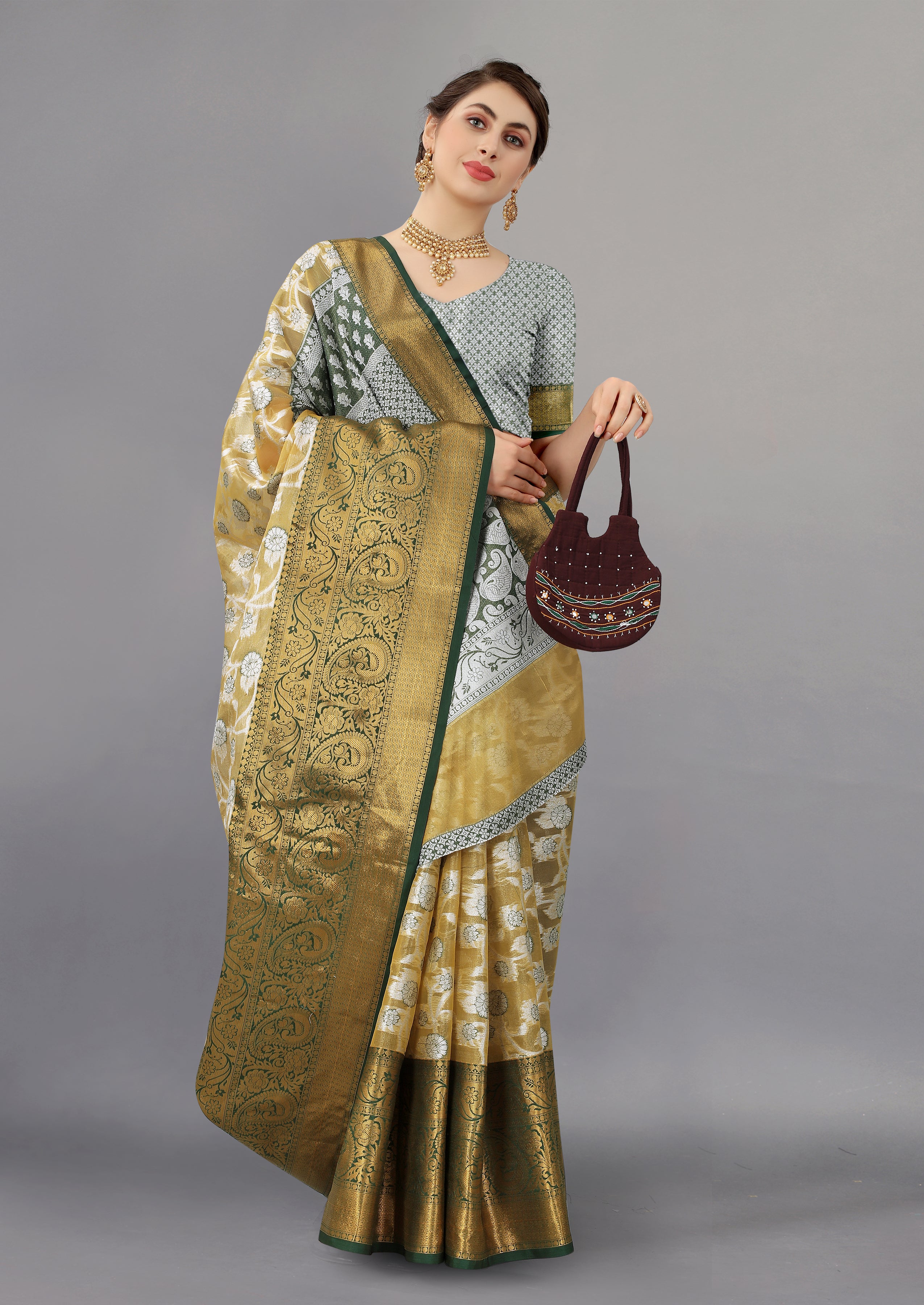 Beige Soft Organza Silk Saree  With Rich golden Zari Wooven  Pallu  Zari weawing