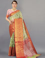 Green Red Soft Organza Silk Saree  With Rich golden Zari Wooven  Pallu  Zari weawing