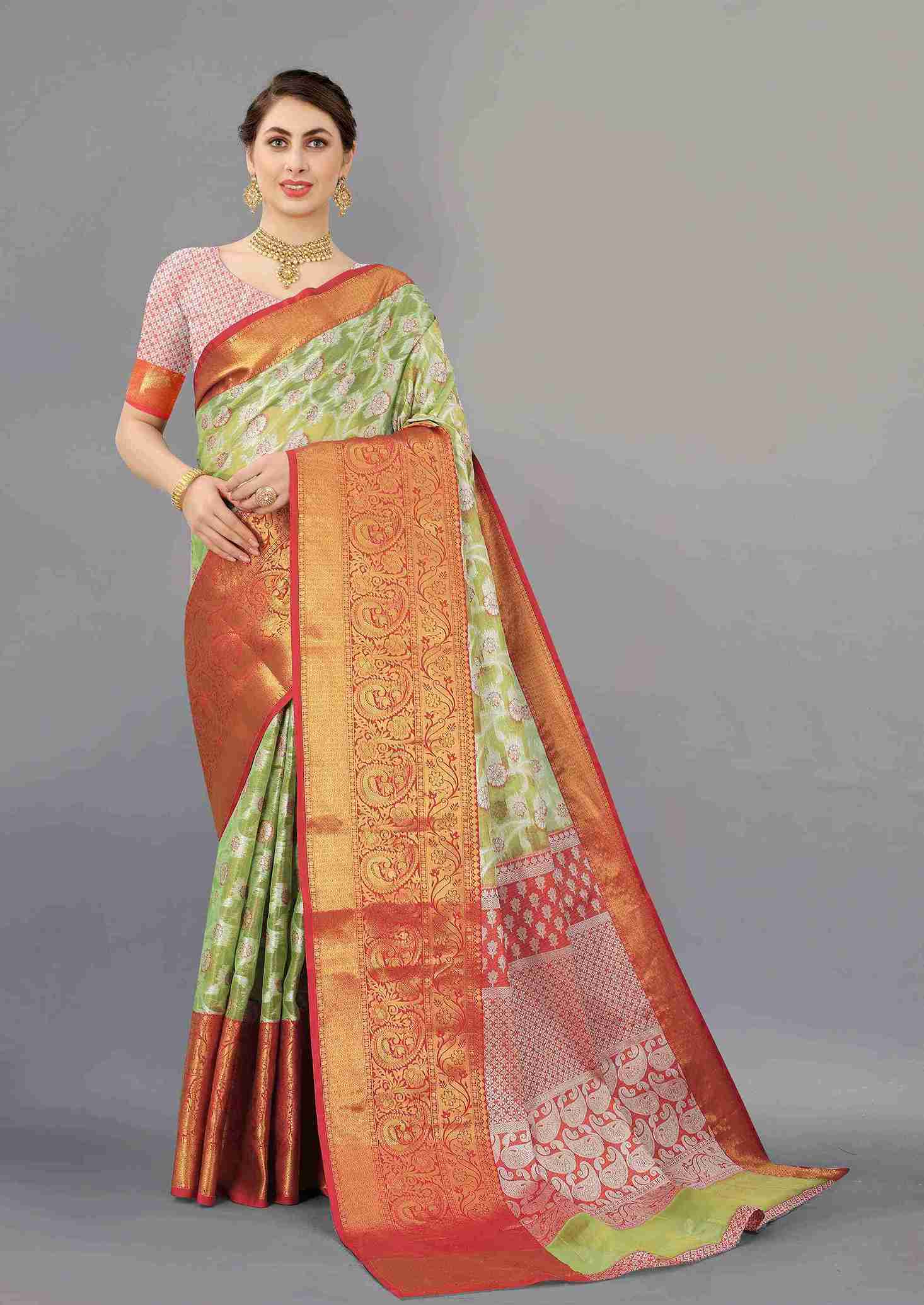 Green Red Soft Organza Silk Saree  With Rich golden Zari Wooven  Pallu  Zari weawing