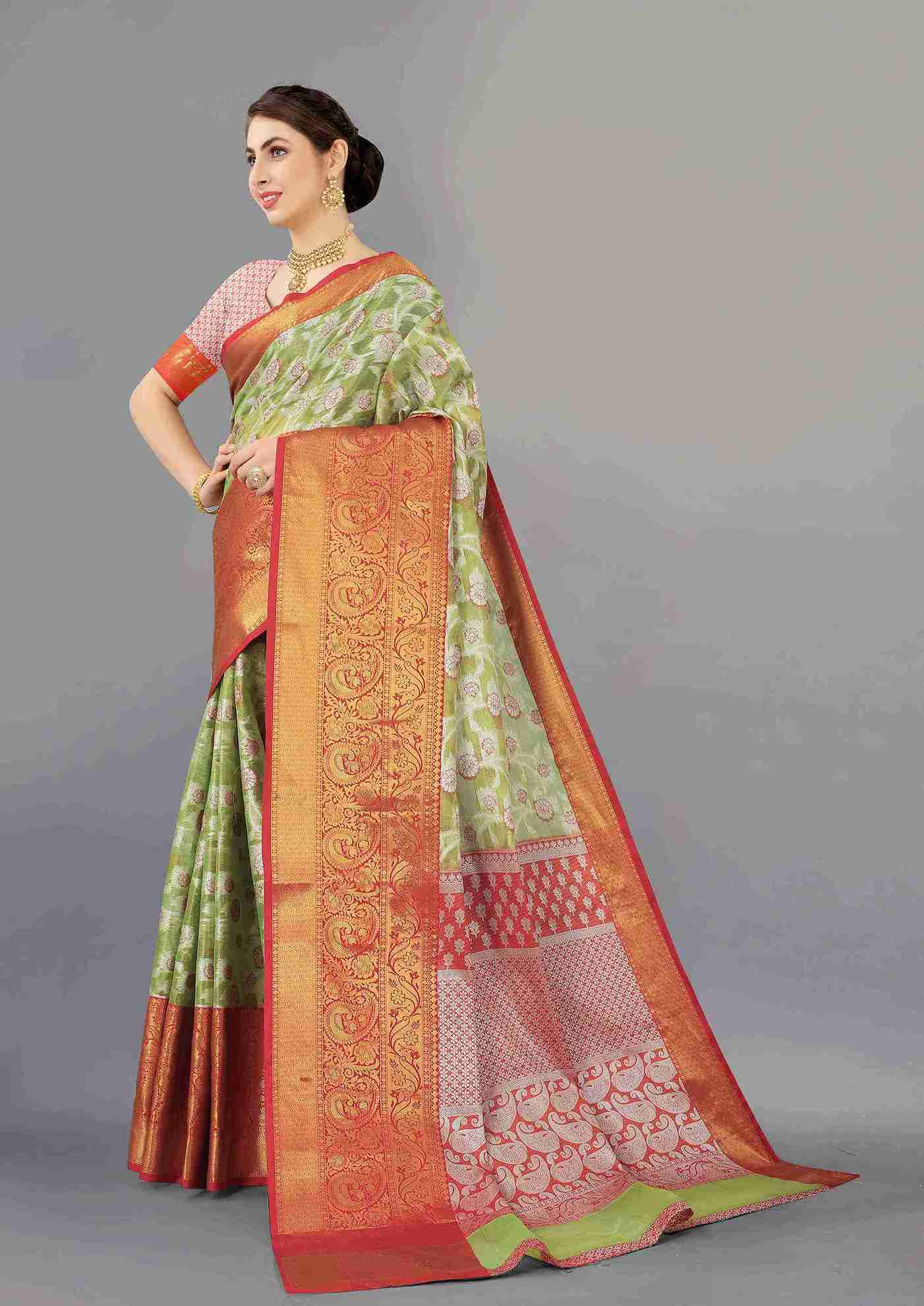 Green Red Soft Organza Silk Saree  With Rich golden Zari Wooven  Pallu  Zari weawing