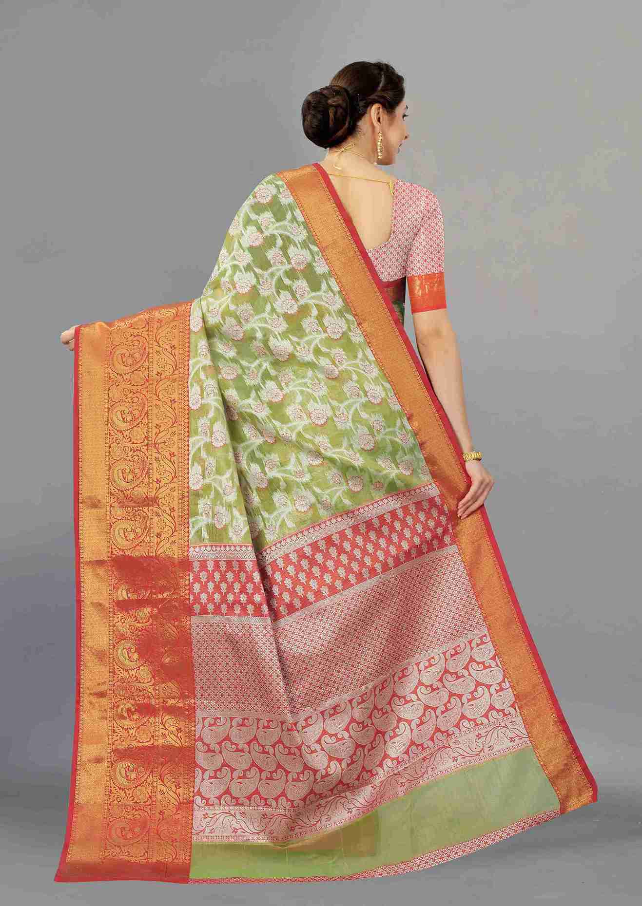 Green Red Soft Organza Silk Saree  With Rich golden Zari Wooven  Pallu  Zari weawing