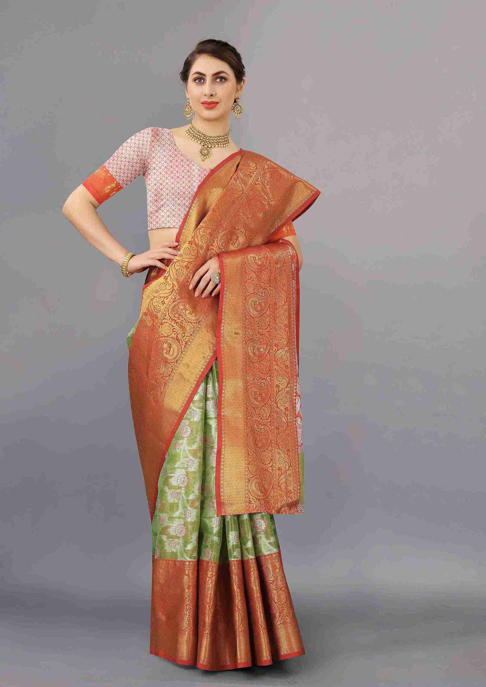 Green Red Soft Organza Silk Saree  With Rich golden Zari Wooven  Pallu  Zari weawing