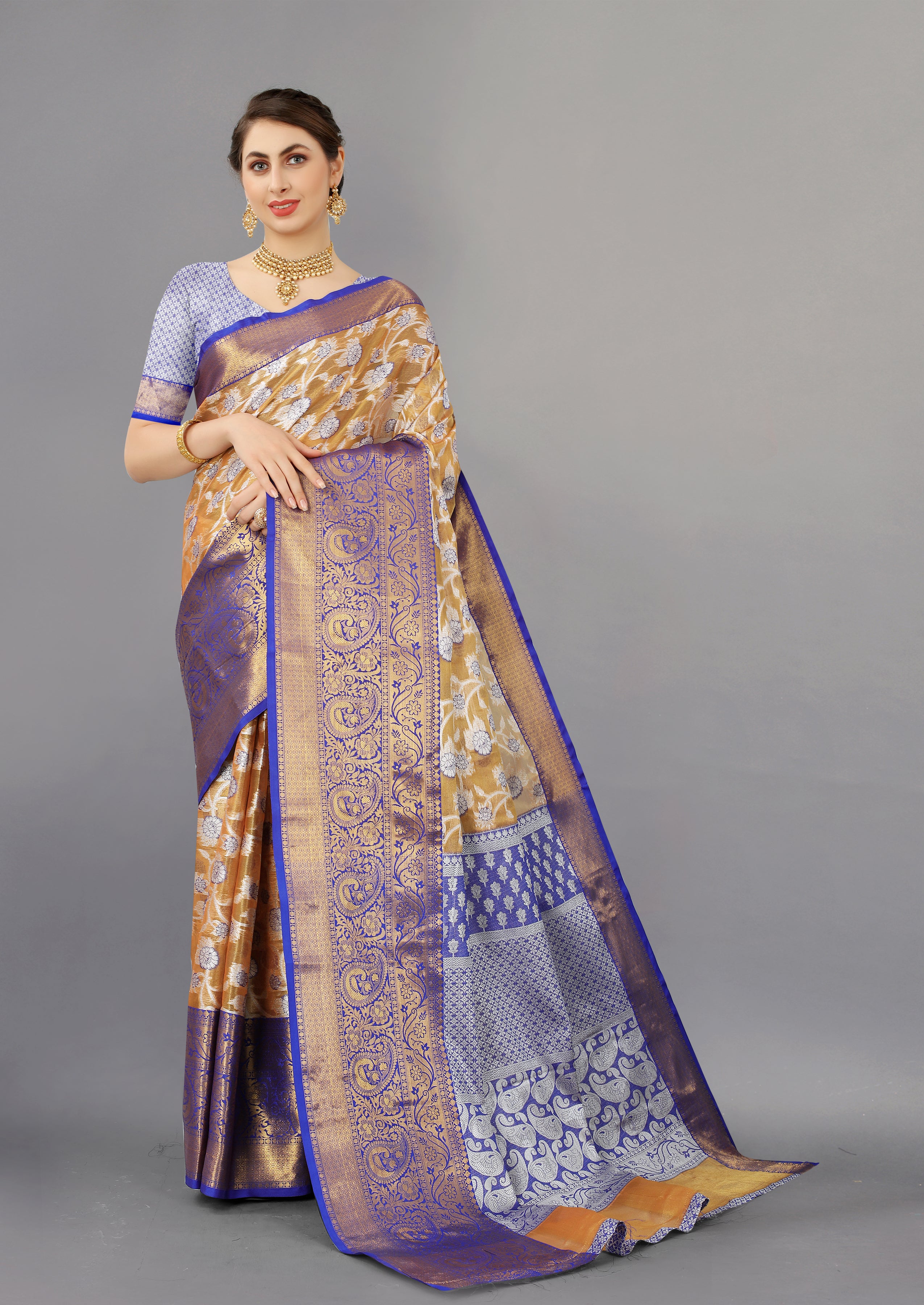 Orange Blue Soft Organza Silk Saree  With Rich golden Zari Wooven  Pallu  Zari weawing
