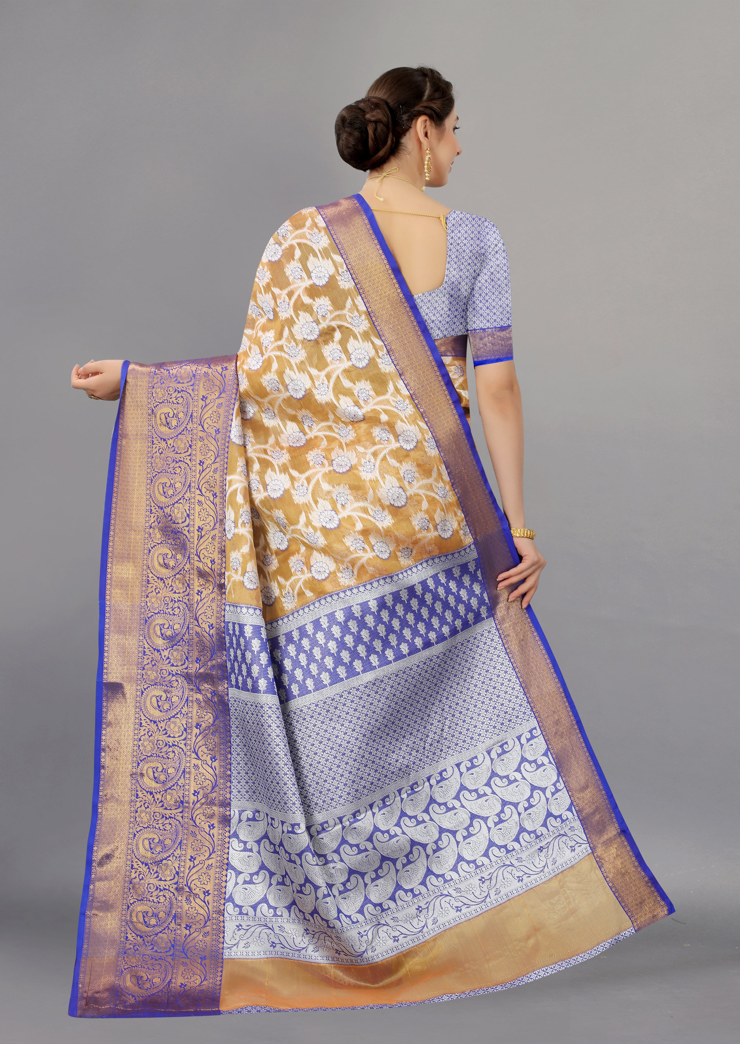 Orange Blue Soft Organza Silk Saree  With Rich golden Zari Wooven  Pallu  Zari weawing