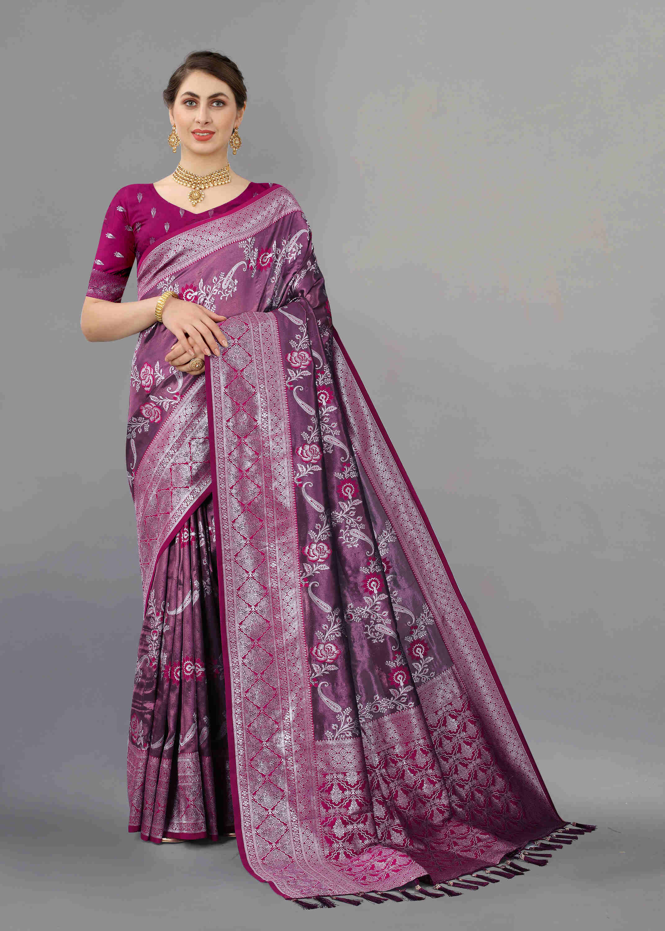 Purple Soft kanjivarm Silk Saree Zari Wooven  Pallu Zari weawing With Blouse Piece