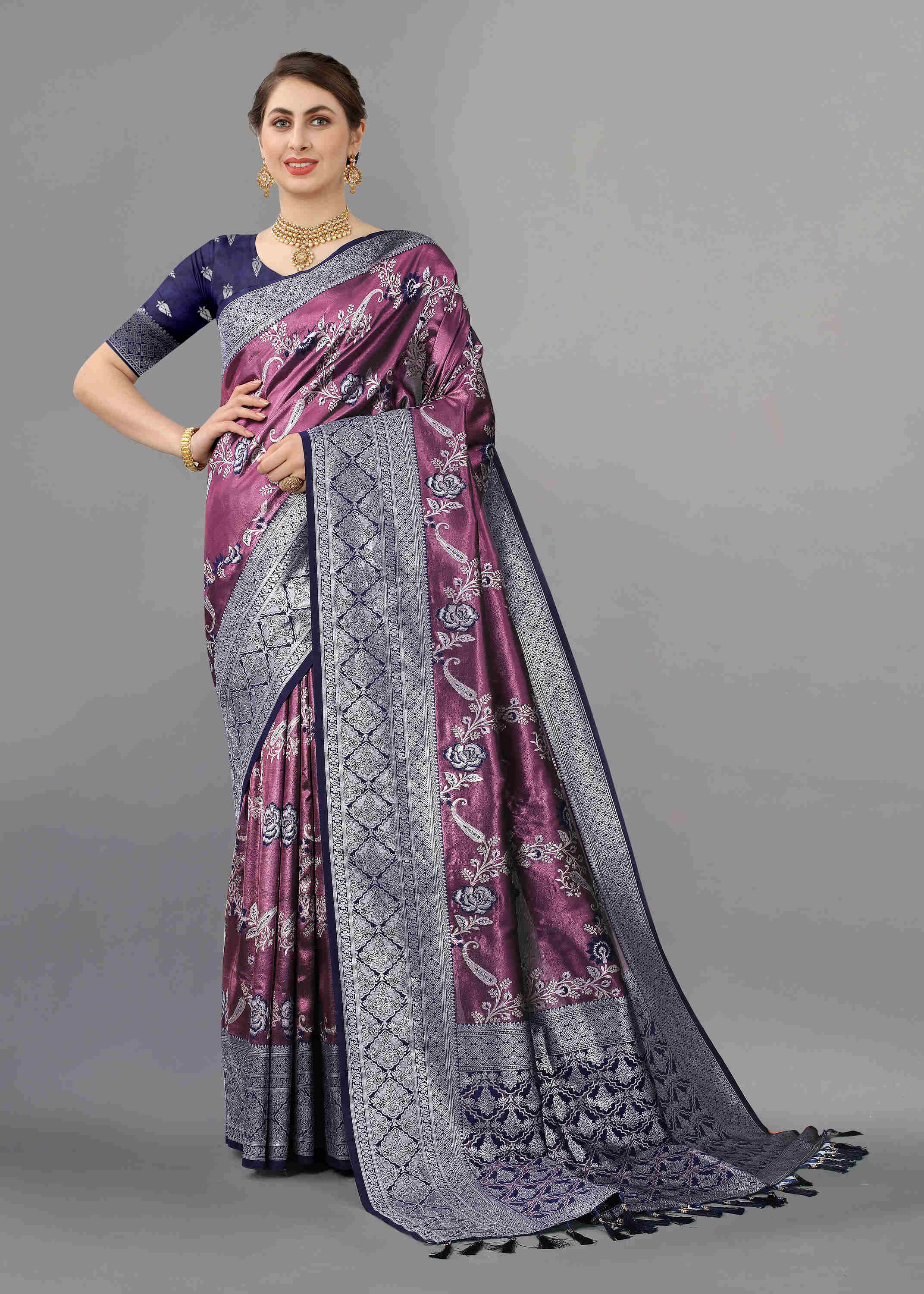 Purple Blue Soft kanjivarm Silk Saree Zari Wooven  Pallu Zari weawing With Blouse Piece