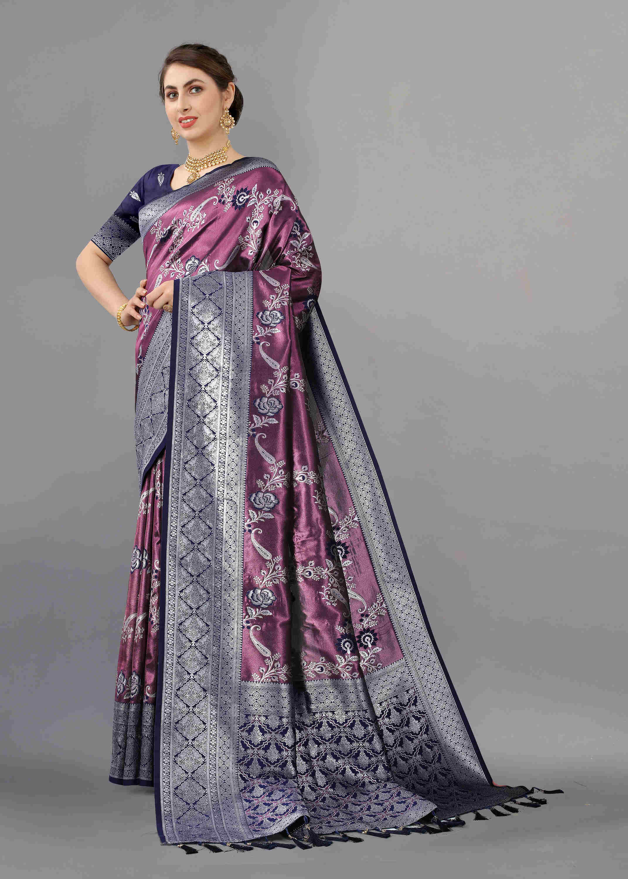 Purple Blue Soft kanjivarm Silk Saree Zari Wooven  Pallu Zari weawing With Blouse Piece