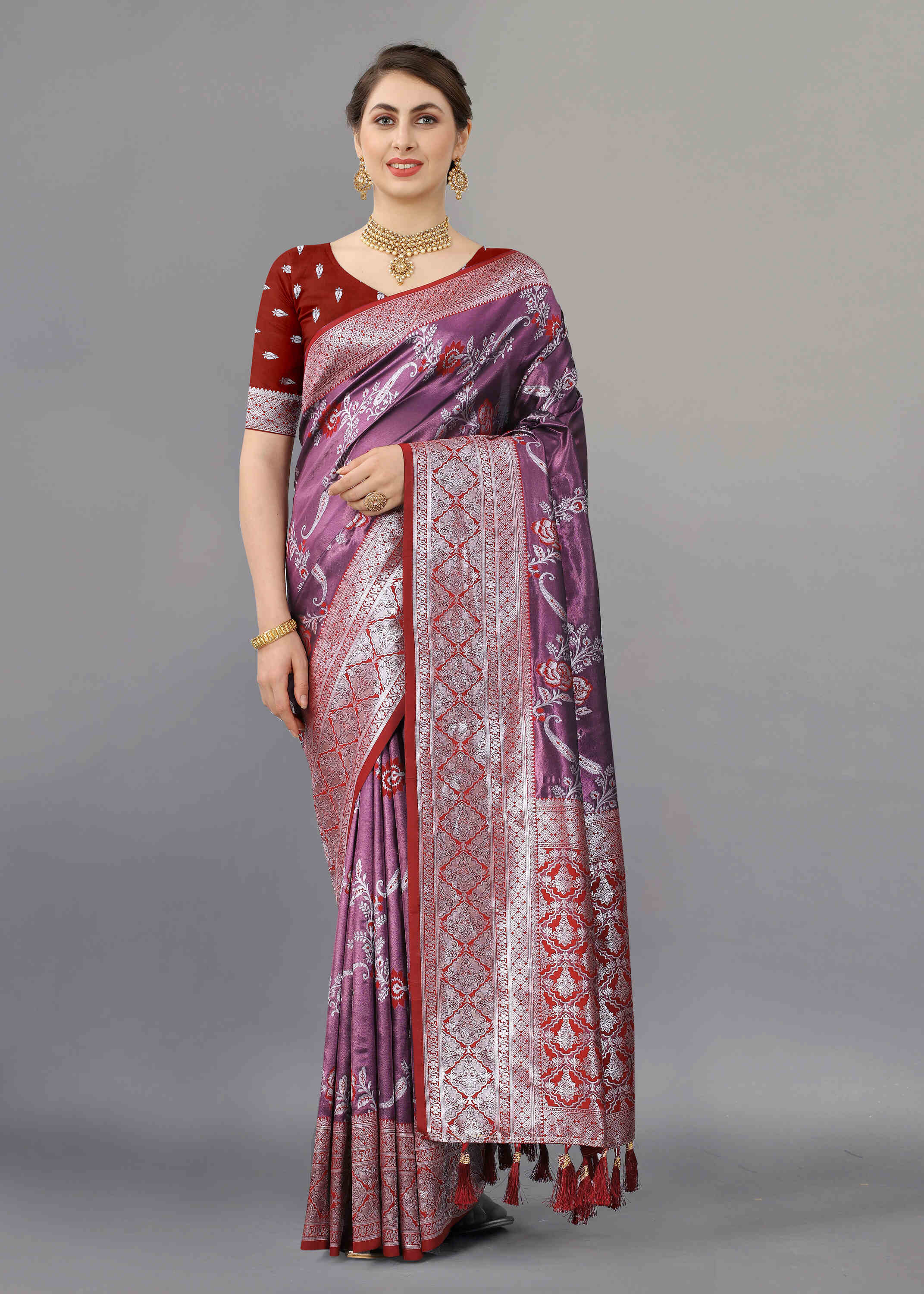 Purple Red Soft kanjivarm Silk Saree Zari Wooven  Pallu Zari weawing With Blouse Piece