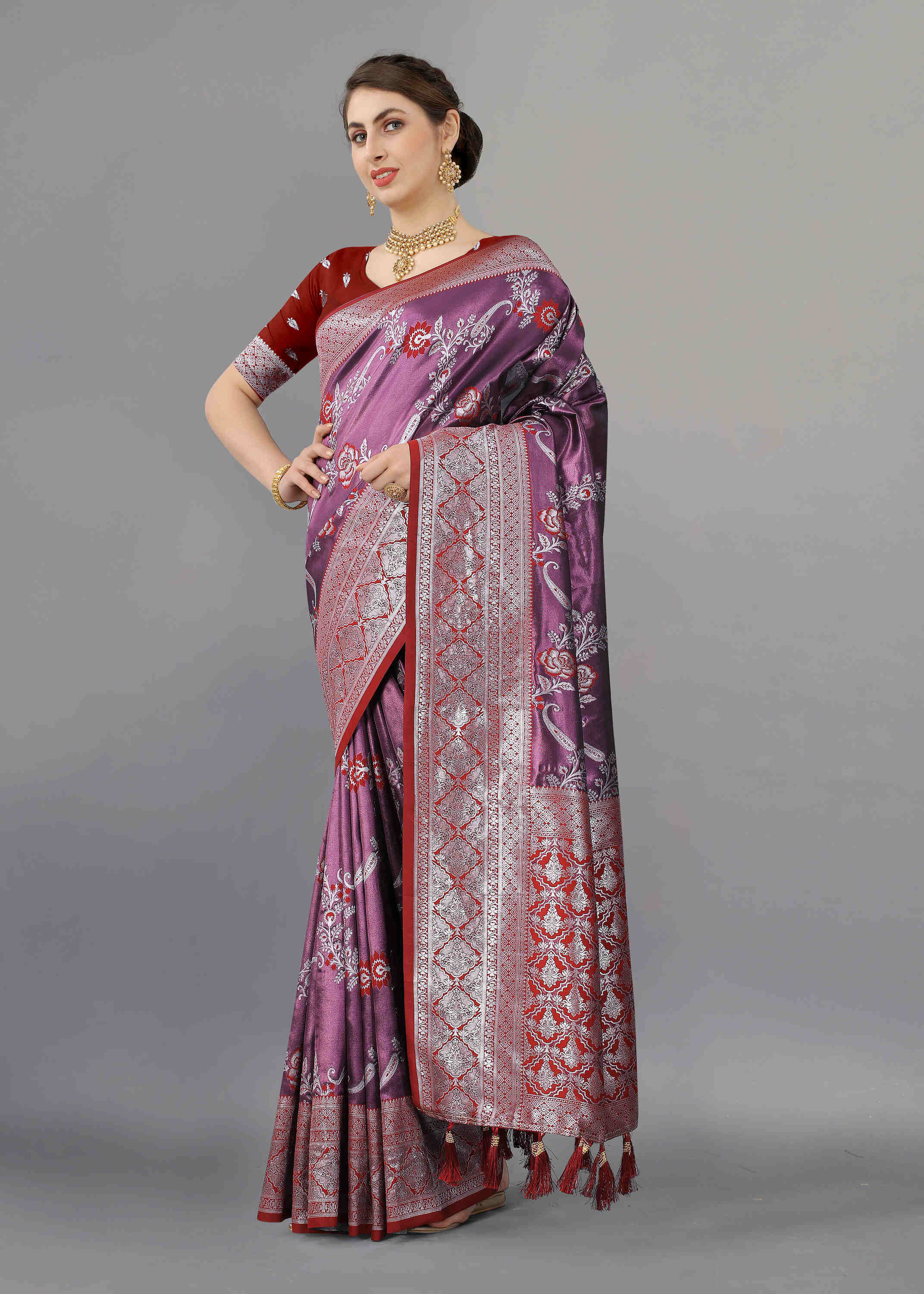 Purple Red Soft kanjivarm Silk Saree Zari Wooven  Pallu Zari weawing With Blouse Piece