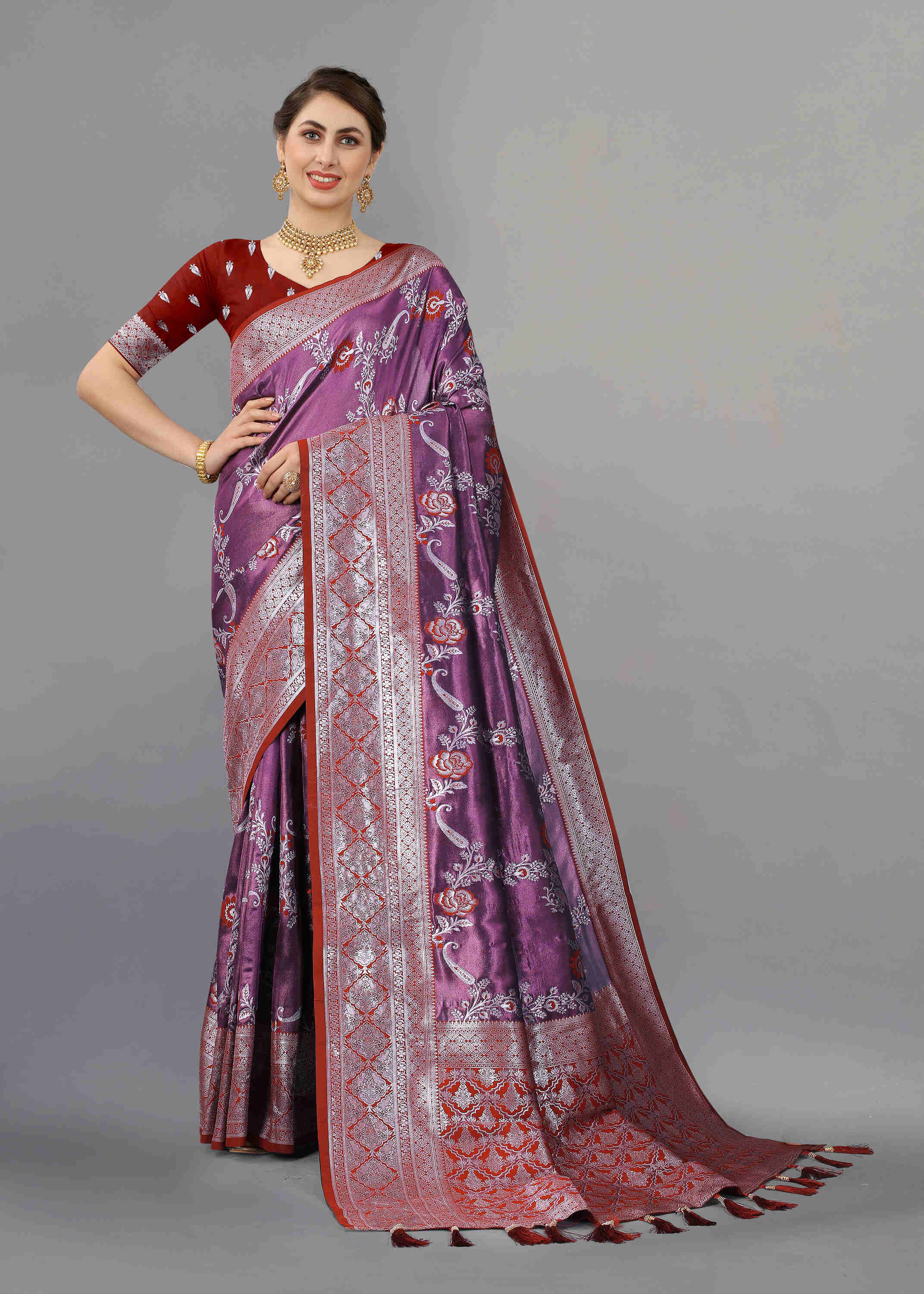 Purple Red Soft kanjivarm Silk Saree Zari Wooven  Pallu Zari weawing With Blouse Piece