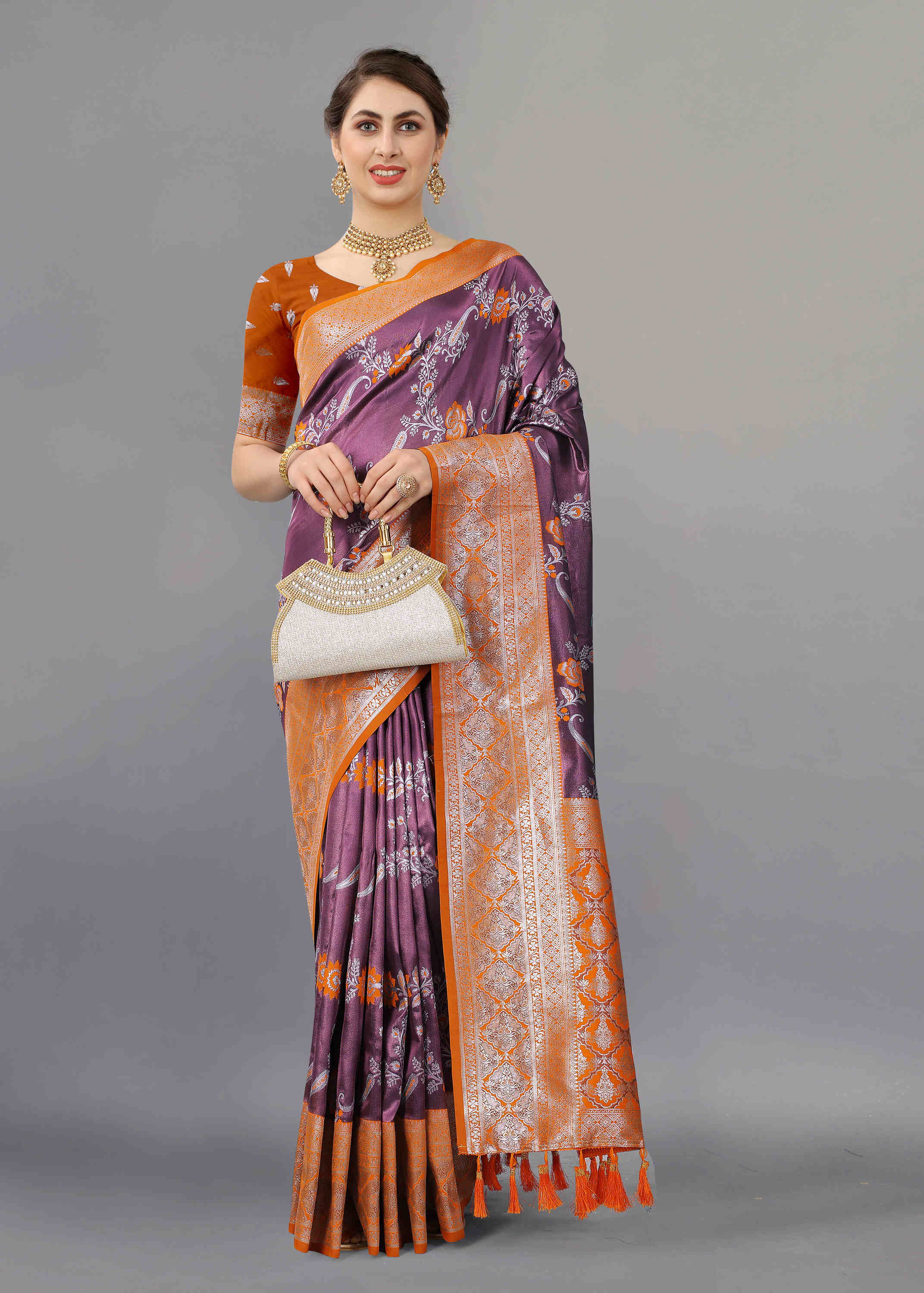 Purple Orange Soft kanjivarm Silk Saree Zari Wooven  Pallu Zari weawing With Blouse Piece