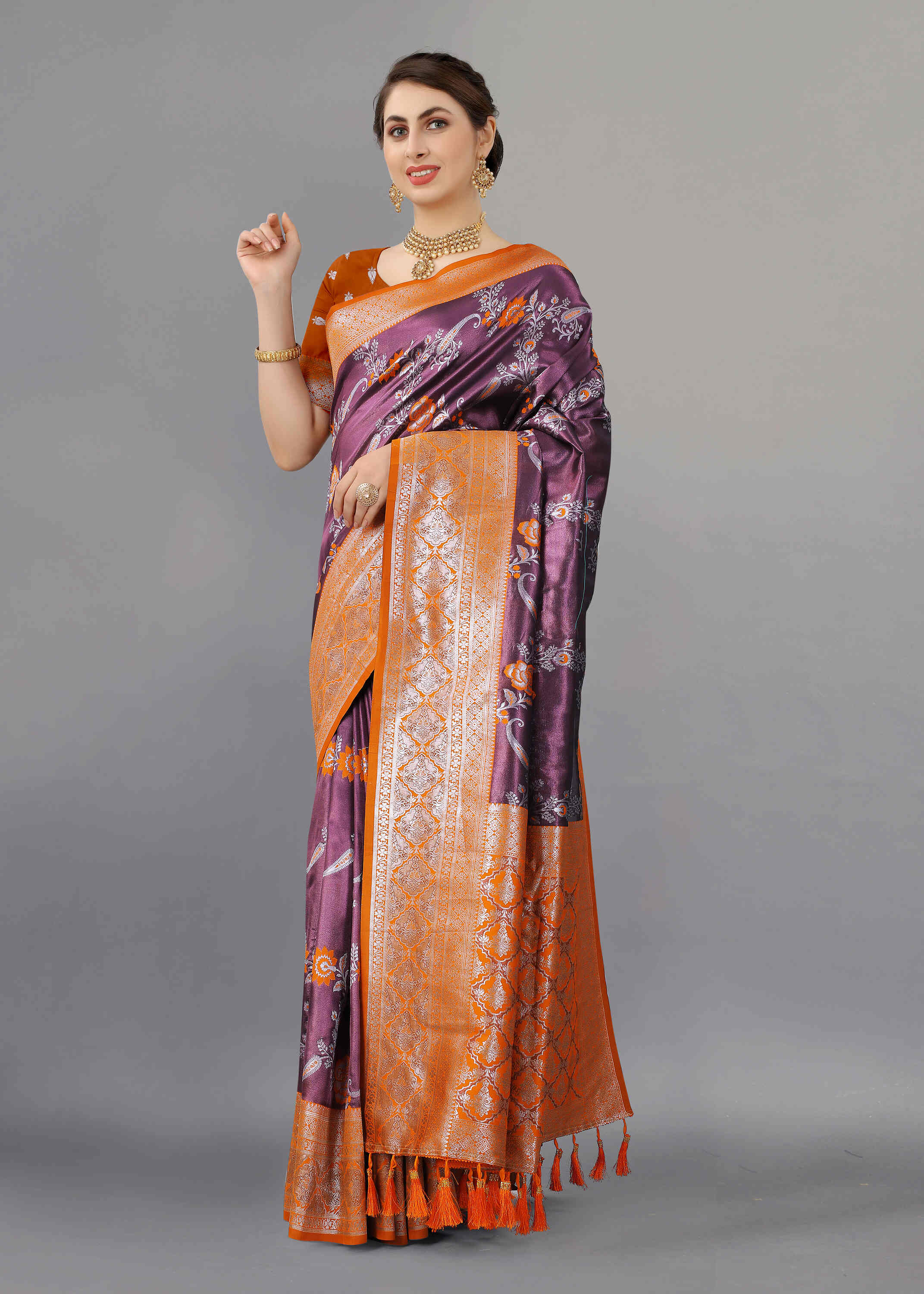 Purple Orange Soft kanjivarm Silk Saree Zari Wooven  Pallu Zari weawing With Blouse Piece