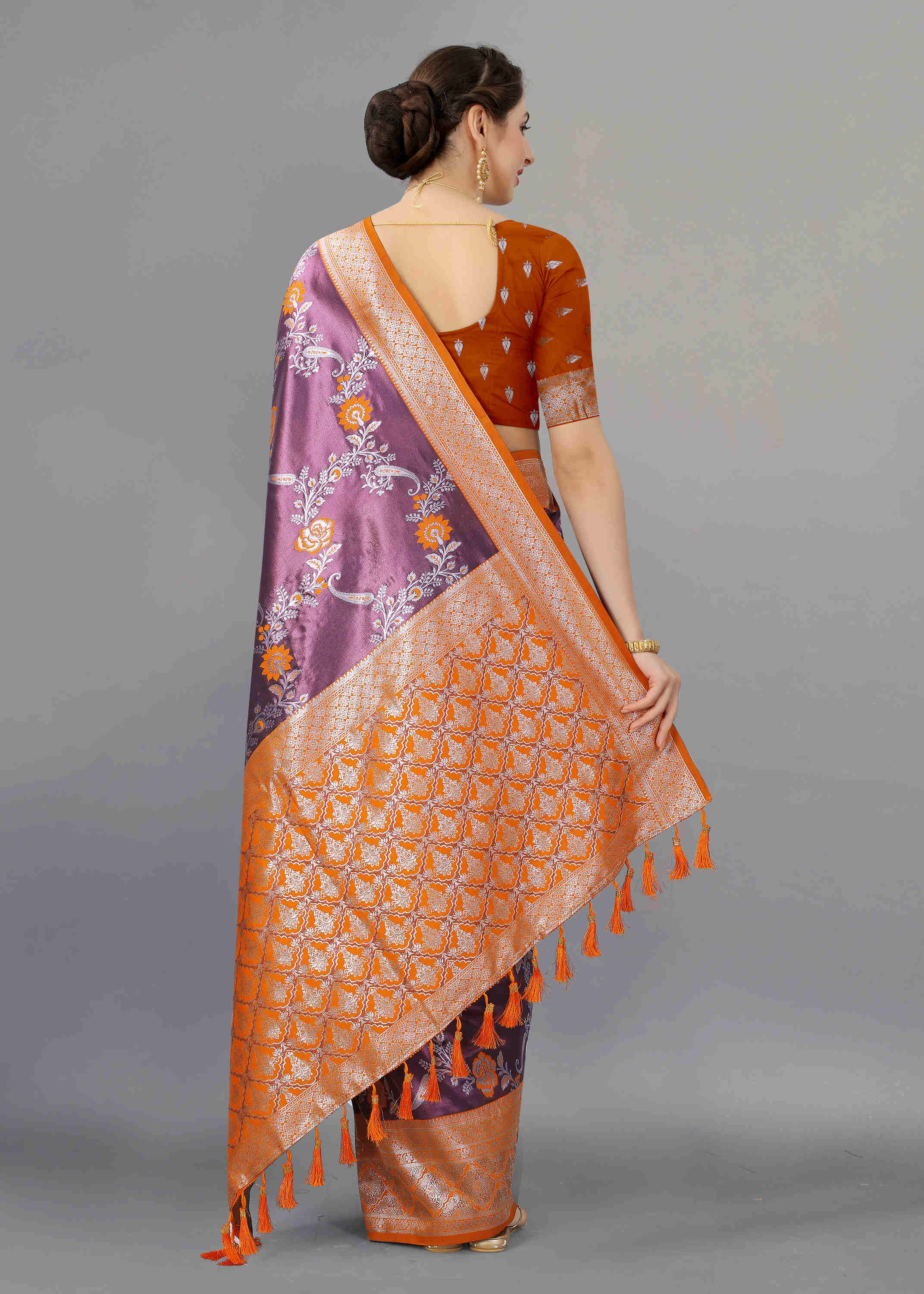 Purple Orange Soft kanjivarm Silk Saree Zari Wooven  Pallu Zari weawing With Blouse Piece