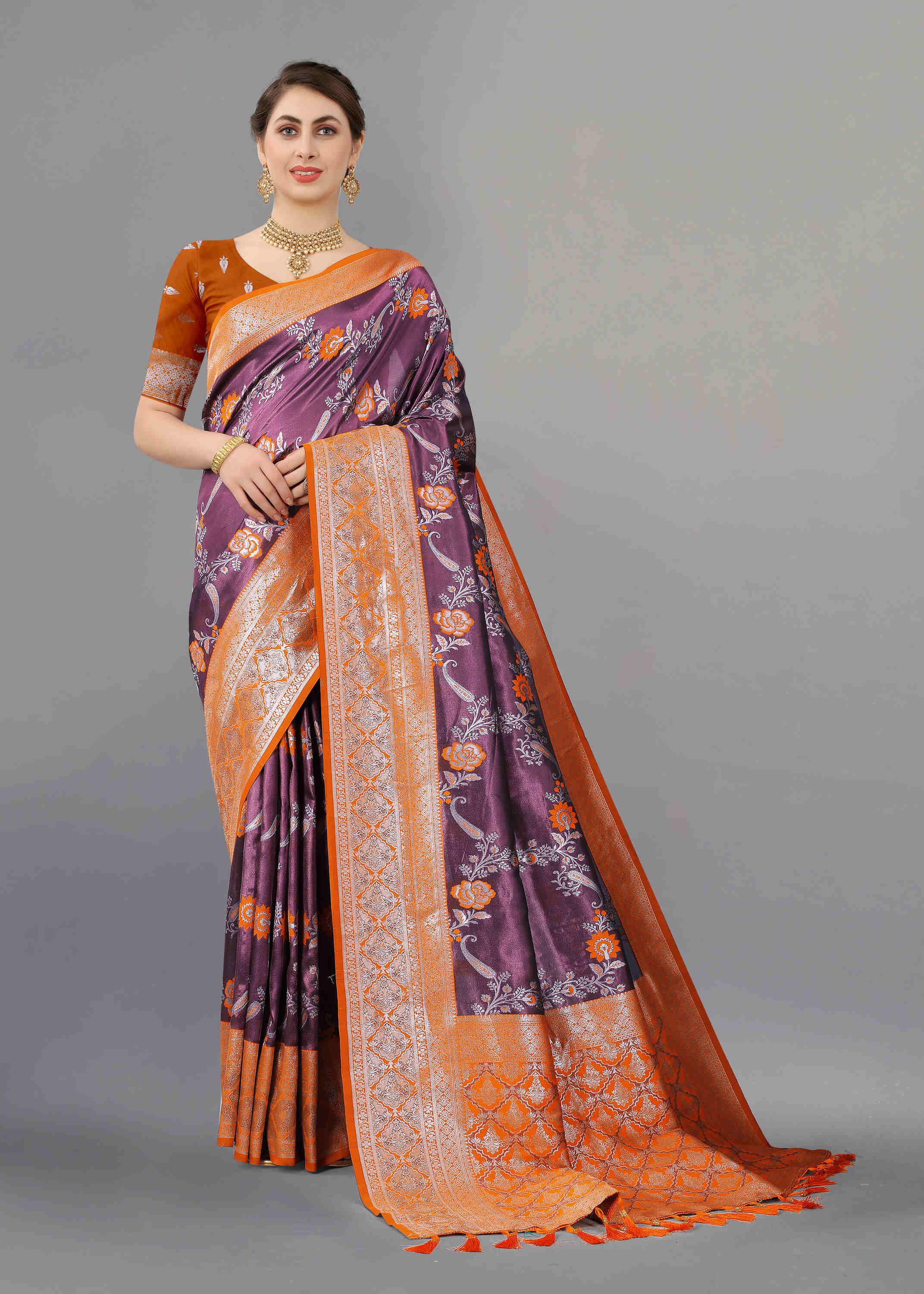 Purple Orange Soft kanjivarm Silk Saree Zari Wooven  Pallu Zari weawing With Blouse Piece