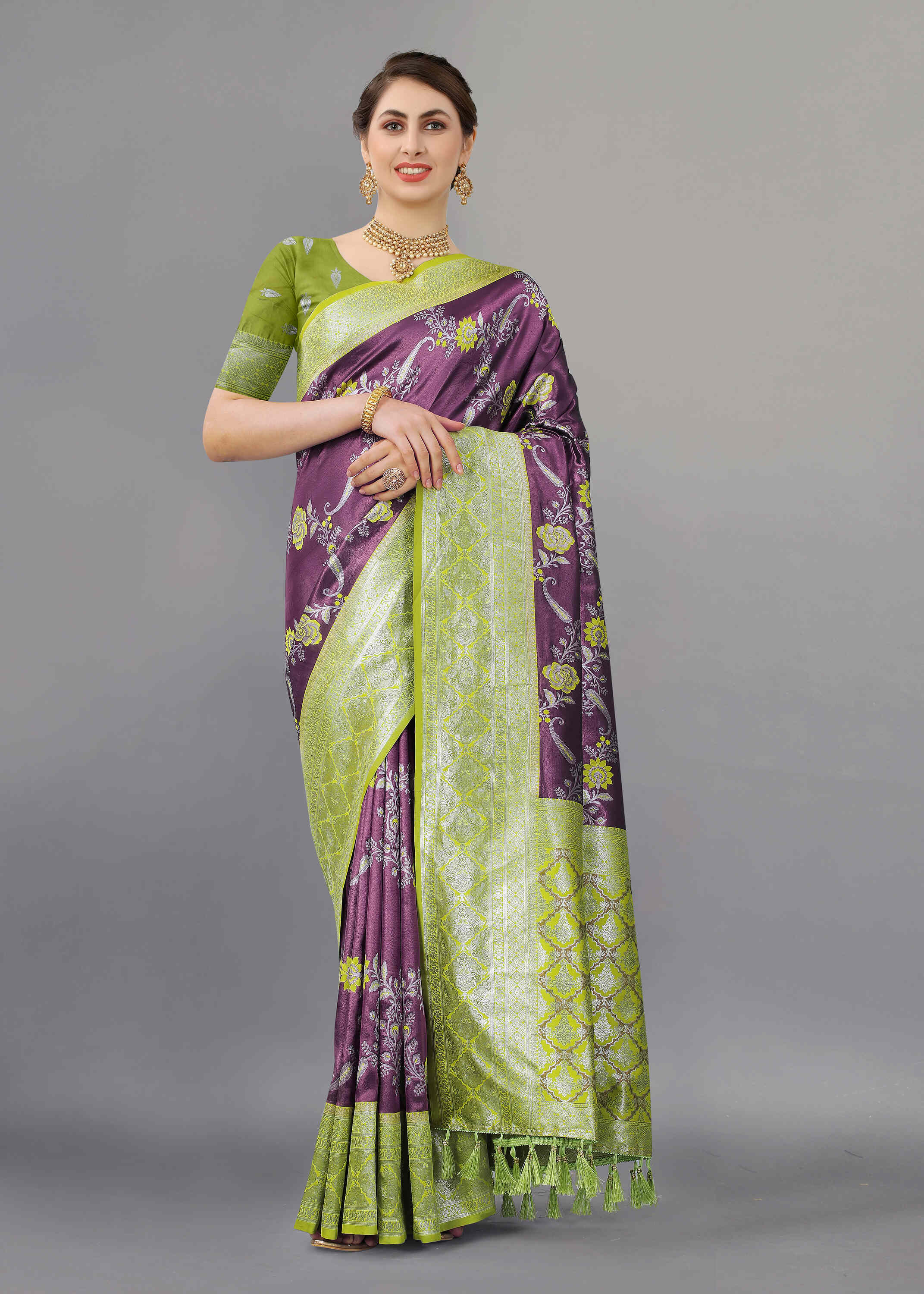 Purple Green Soft kanjivarm Silk Saree Zari Wooven  Pallu Zari weawing With Blouse Piece