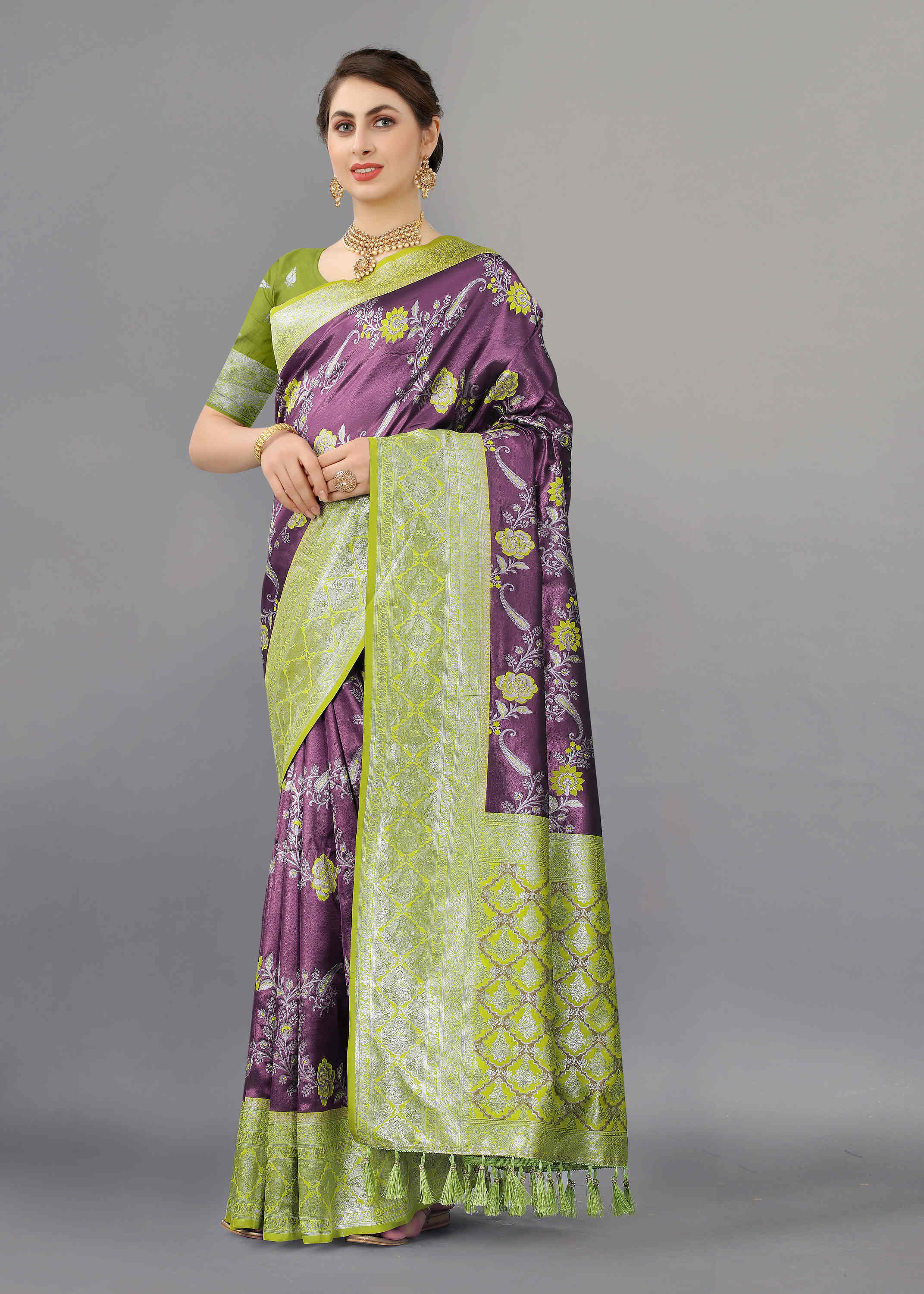 Purple Green Soft kanjivarm Silk Saree Zari Wooven  Pallu Zari weawing With Blouse Piece