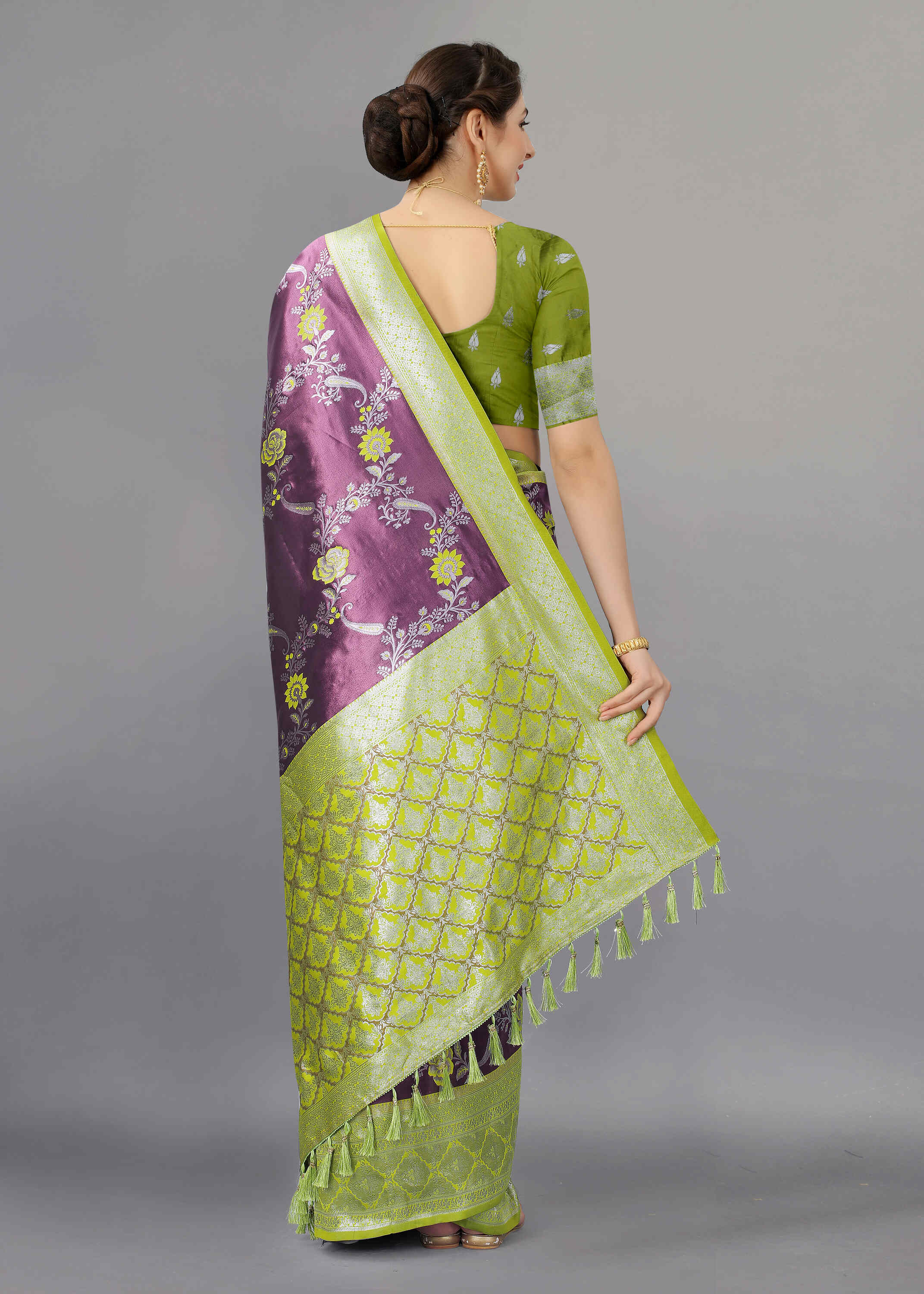 Purple Green Soft kanjivarm Silk Saree Zari Wooven  Pallu Zari weawing With Blouse Piece