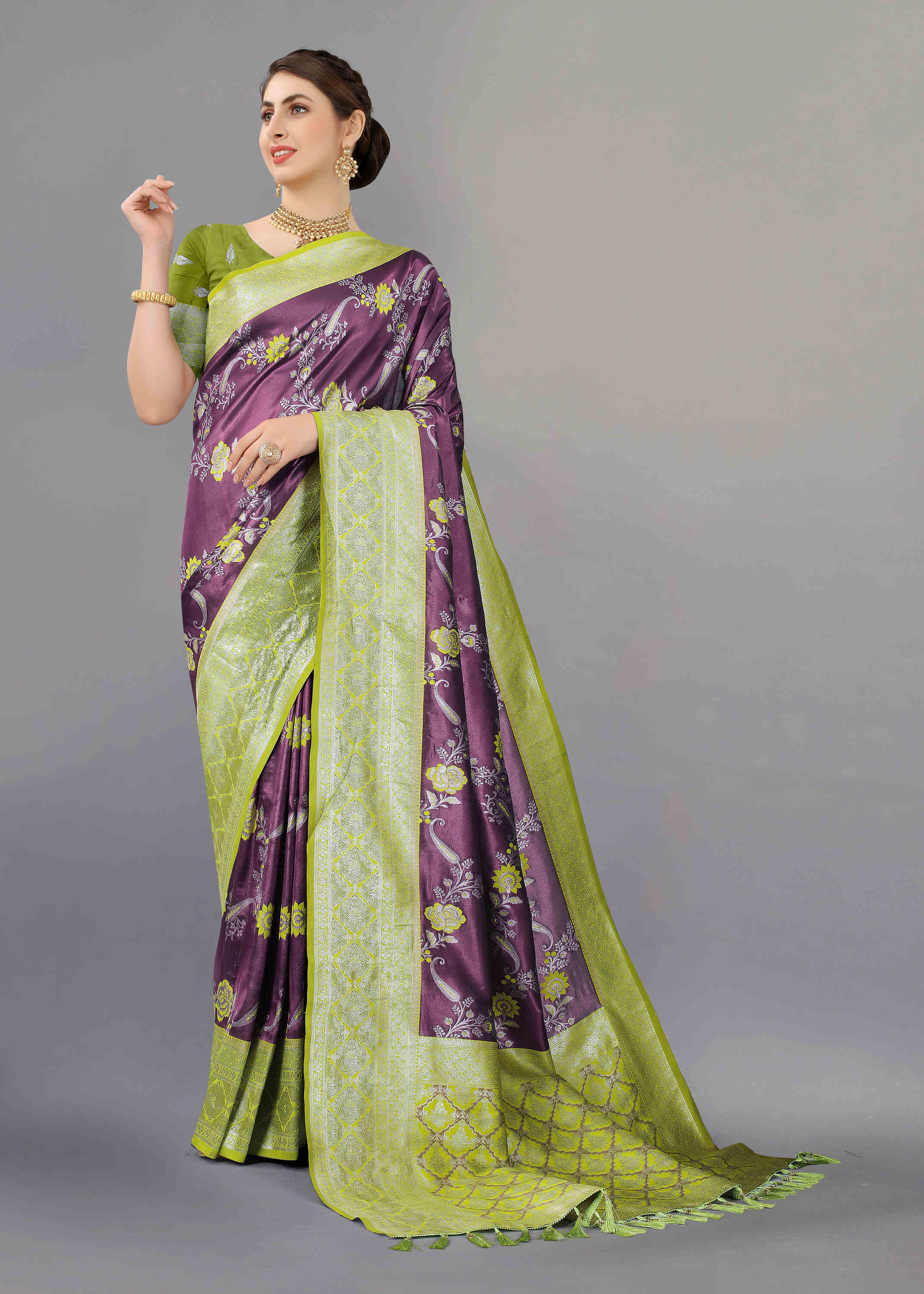 Purple Green Soft kanjivarm Silk Saree Zari Wooven  Pallu Zari weawing With Blouse Piece