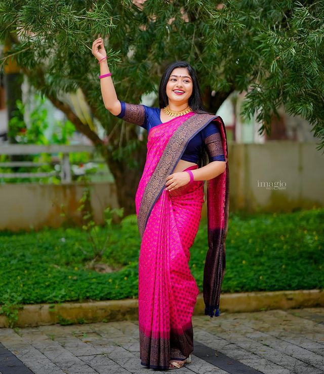 Dark Pink Soft Silk Saree With Assemblage Blouse Piece