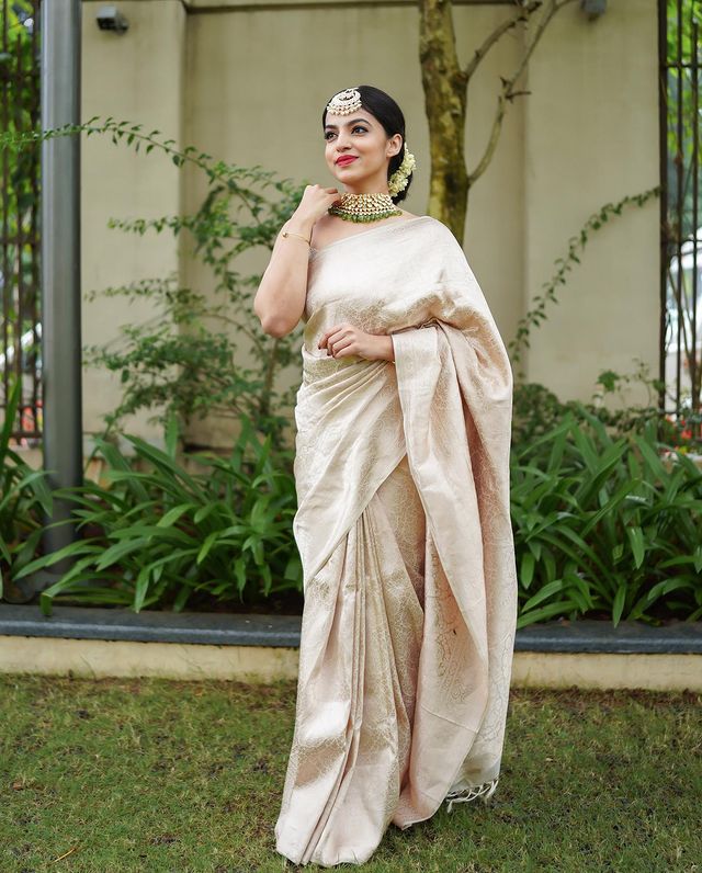 Beige Soft Banarasi Silk Saree With Scrumptious Blouse Piece