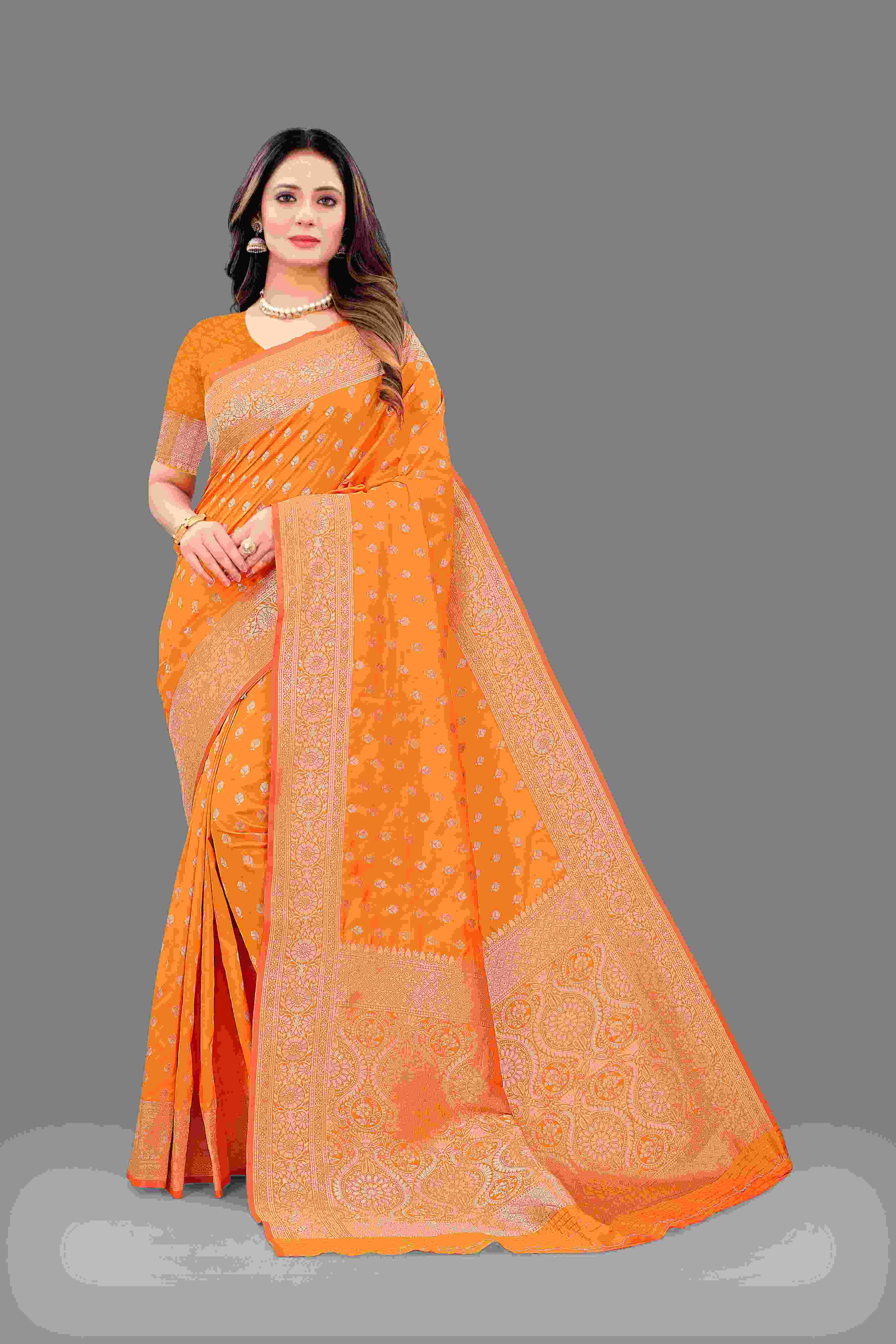 Orange Soft Lichi Silk Saree  Zari Wooven  Pallu  Zari weawing Border With blouse piece