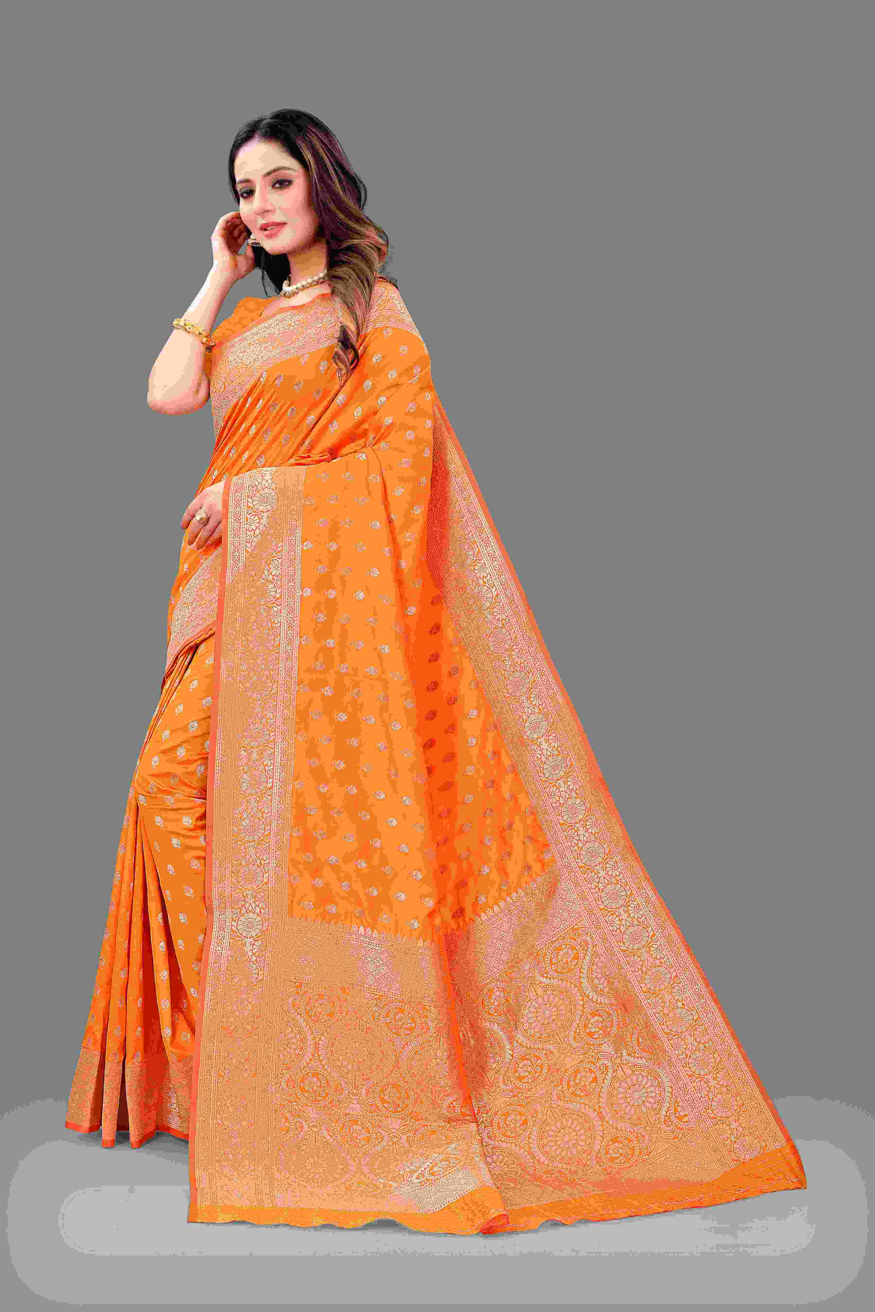 Orange Soft Lichi Silk Saree  Zari Wooven  Pallu  Zari weawing Border With blouse piece