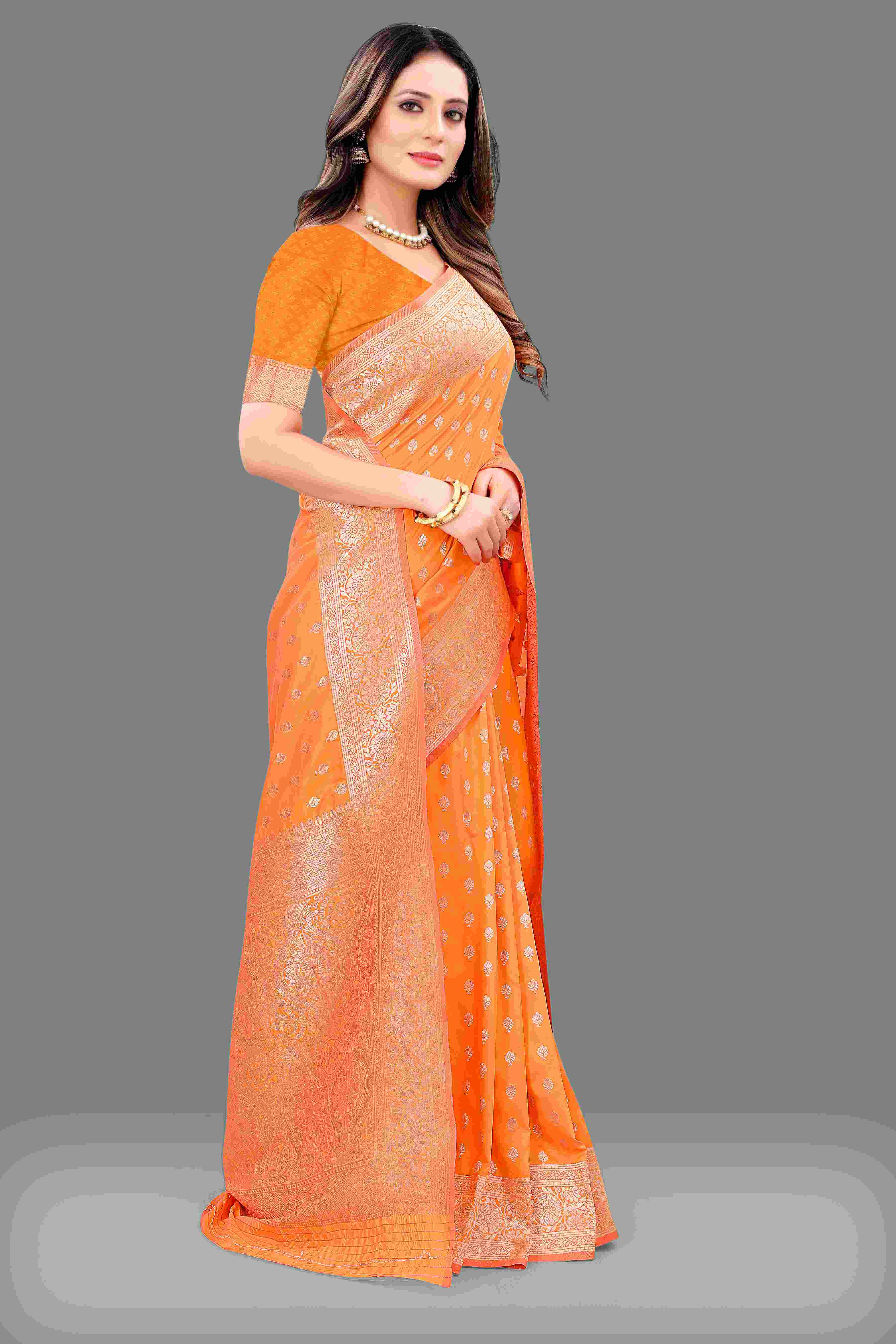 Orange Soft Lichi Silk Saree  Zari Wooven  Pallu  Zari weawing Border With blouse piece