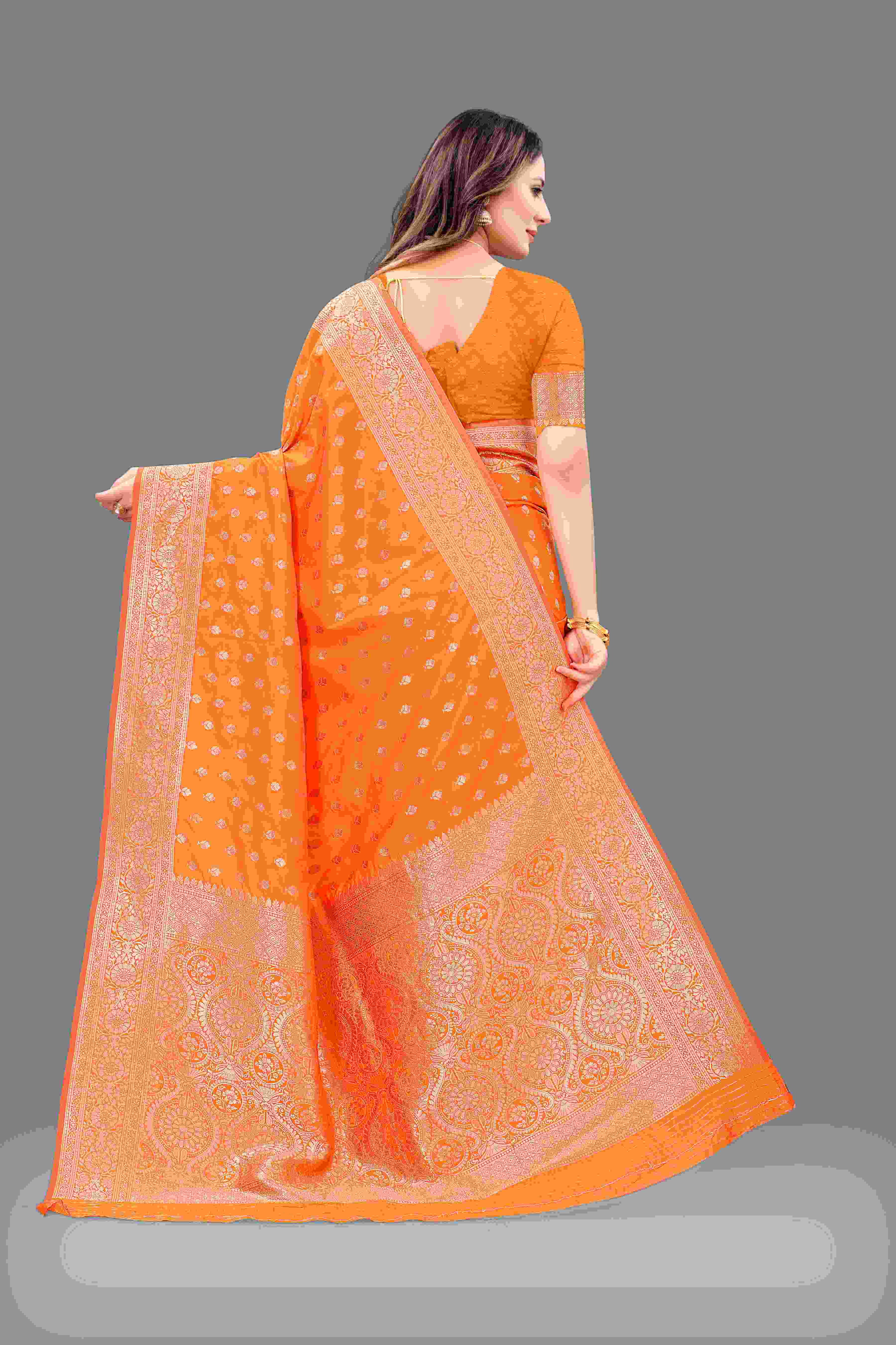 Orange Soft Lichi Silk Saree  Zari Wooven  Pallu  Zari weawing Border With blouse piece