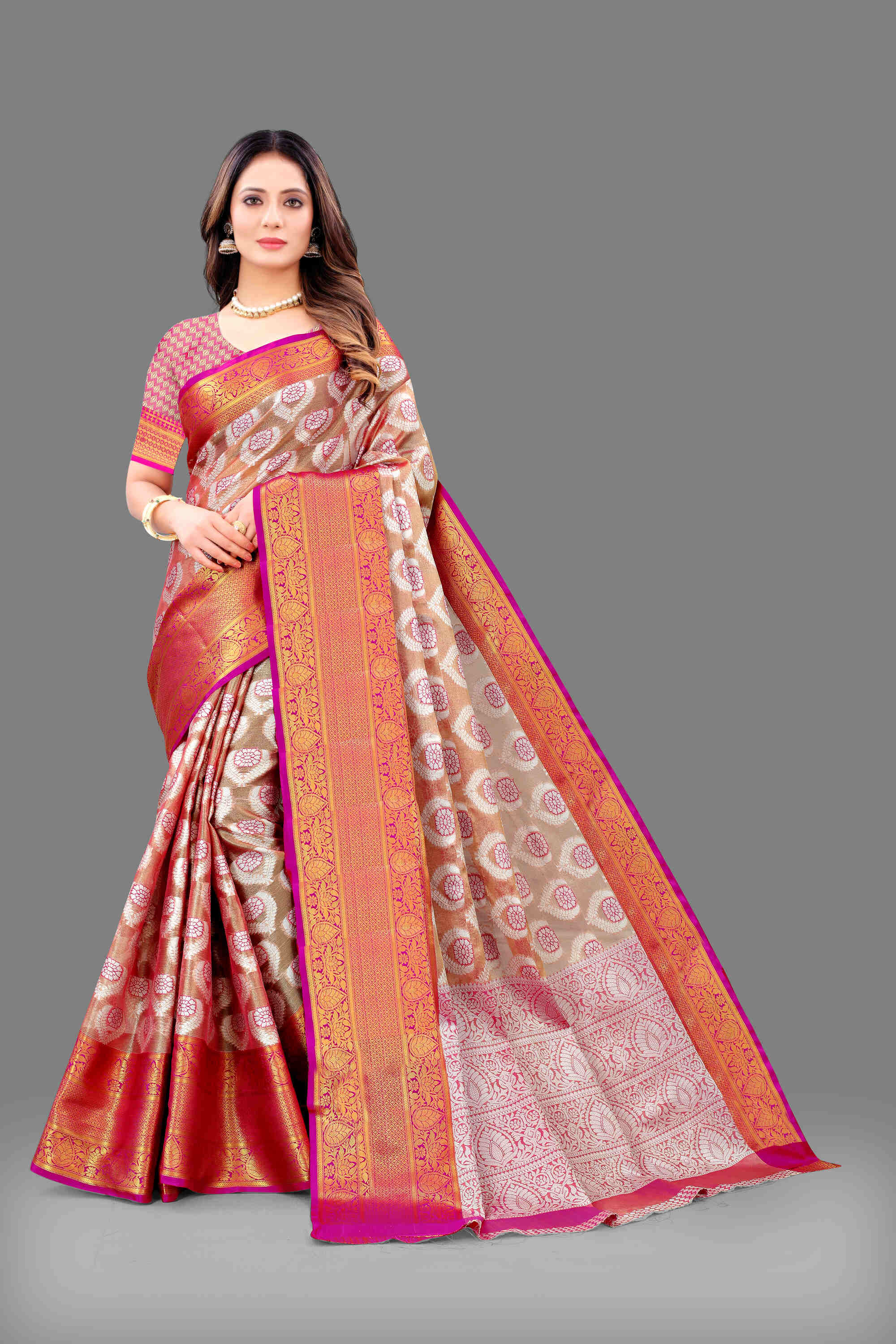 Pink Soft Organza Silk Saree  With Rich golden Zari Wooven  Pallu  Zari weawing