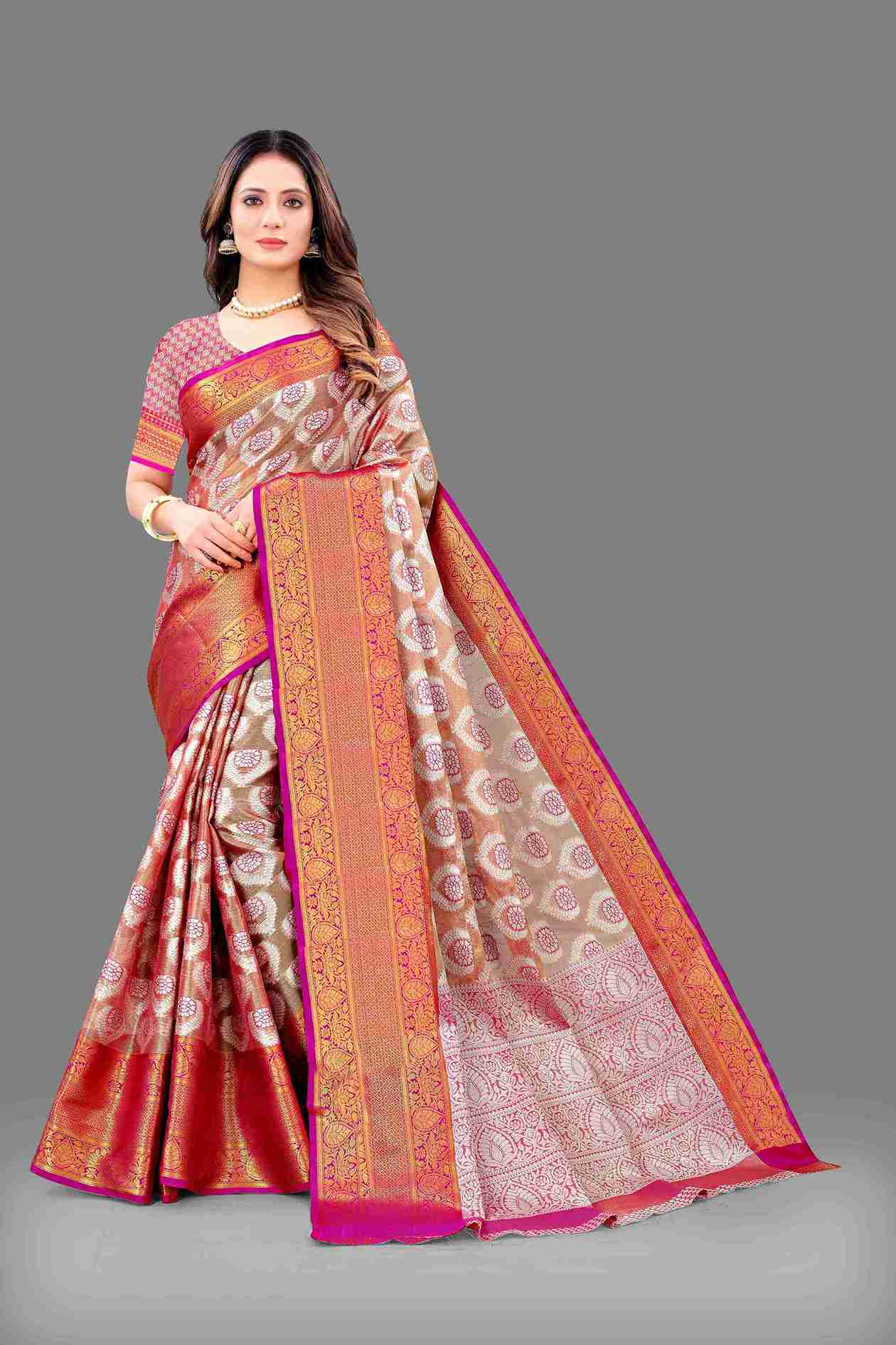 Pink Soft Organza Silk Saree  With Rich golden Zari Wooven  Pallu  Zari weawing