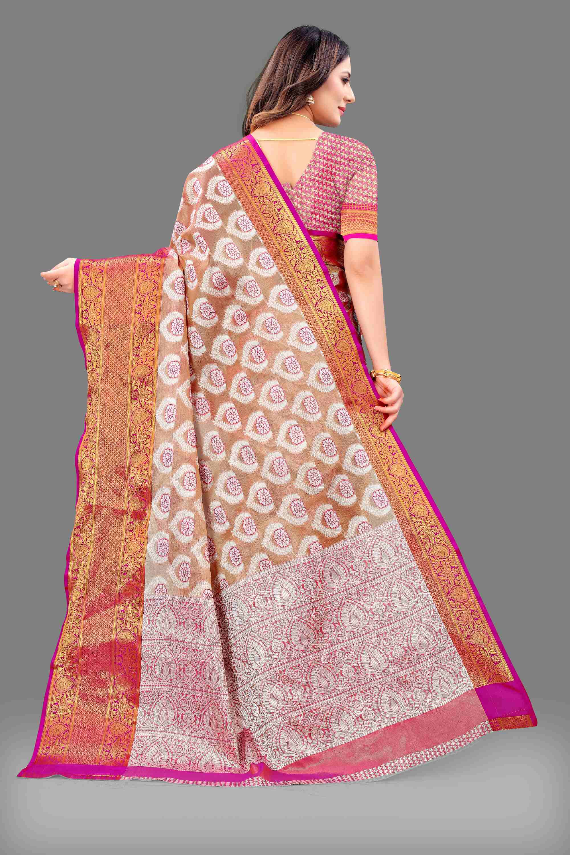 Pink Soft Organza Silk Saree  With Rich golden Zari Wooven  Pallu  Zari weawing