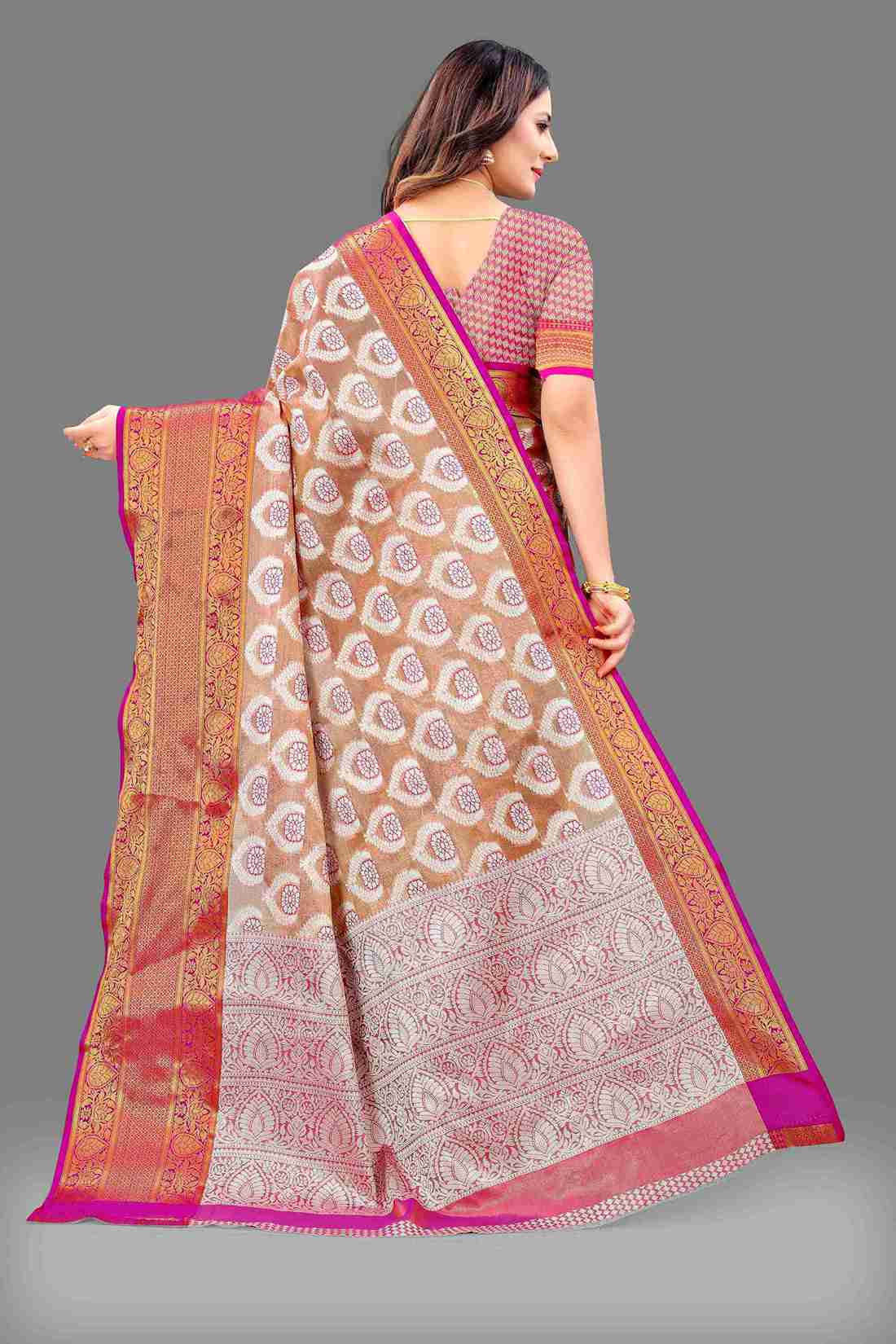 Pink Soft Organza Silk Saree  With Rich golden Zari Wooven  Pallu  Zari weawing