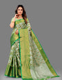 Green Soft Organza Silk Saree  With Rich golden Zari Wooven  Pallu  Zari weawing