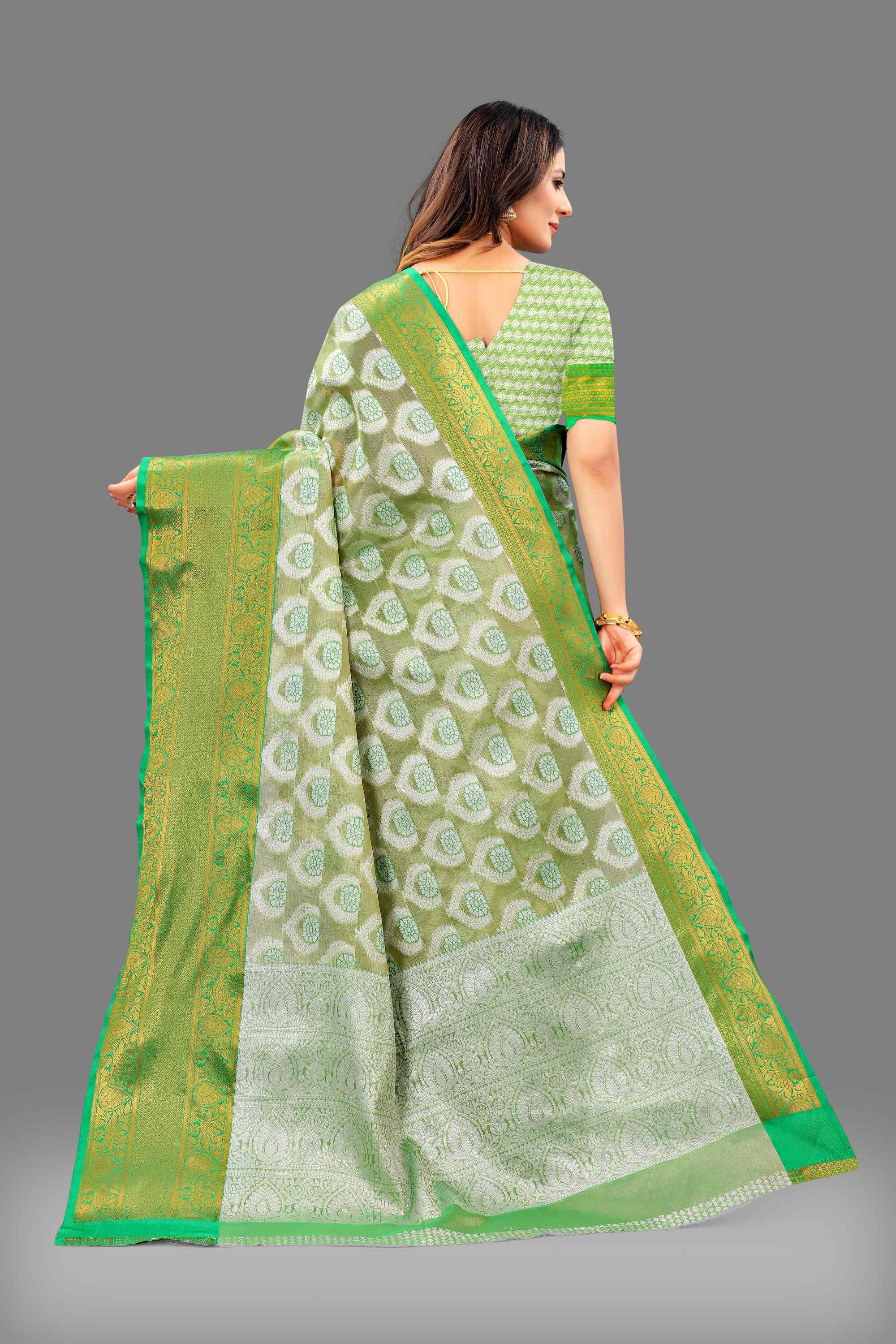 Green Soft Organza Silk Saree  With Rich golden Zari Wooven  Pallu  Zari weawing