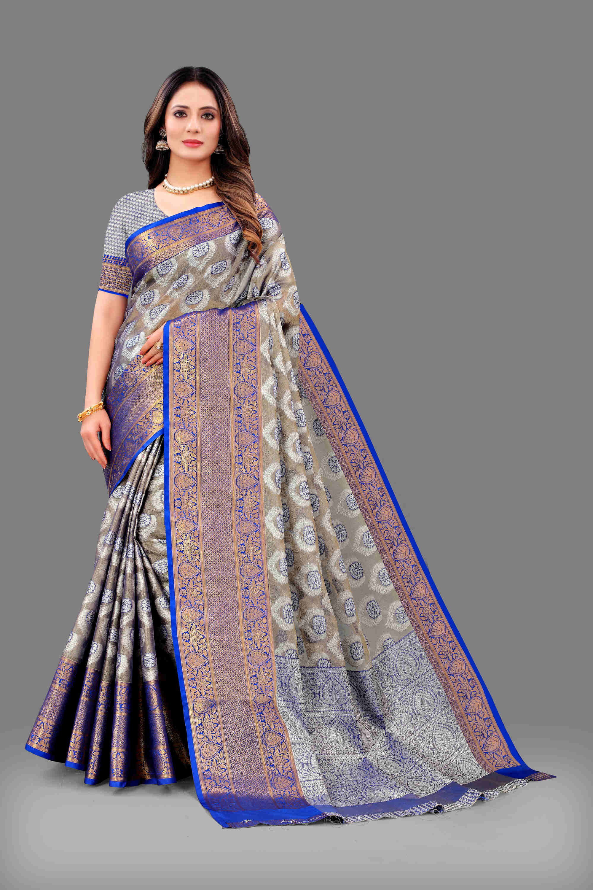 Blue Soft Organza Silk Saree  With Rich golden Zari Wooven  Pallu  Zari weawing