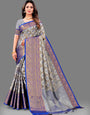 Blue Soft Organza Silk Saree  With Rich golden Zari Wooven  Pallu  Zari weawing