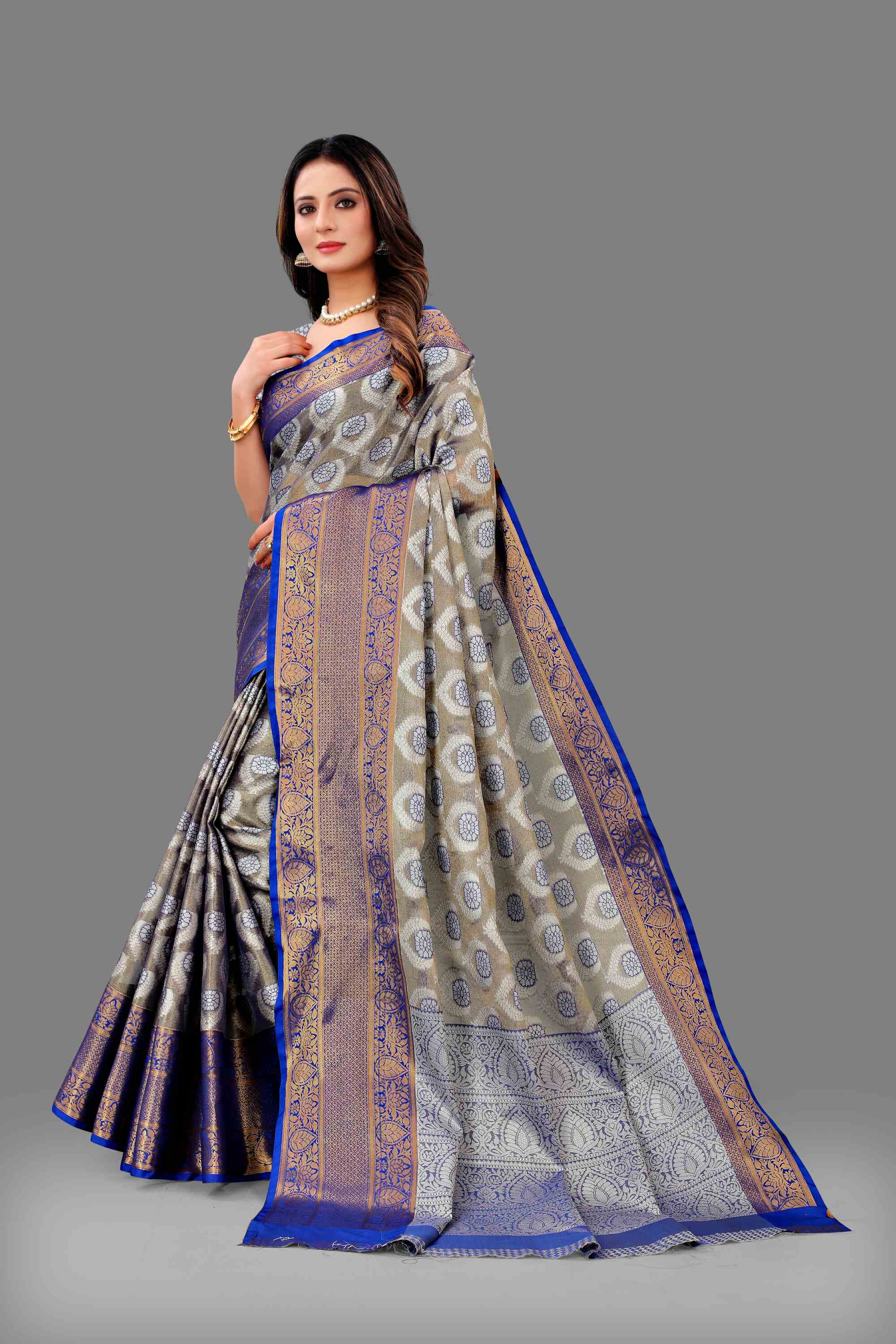 Blue Soft Organza Silk Saree  With Rich golden Zari Wooven  Pallu  Zari weawing