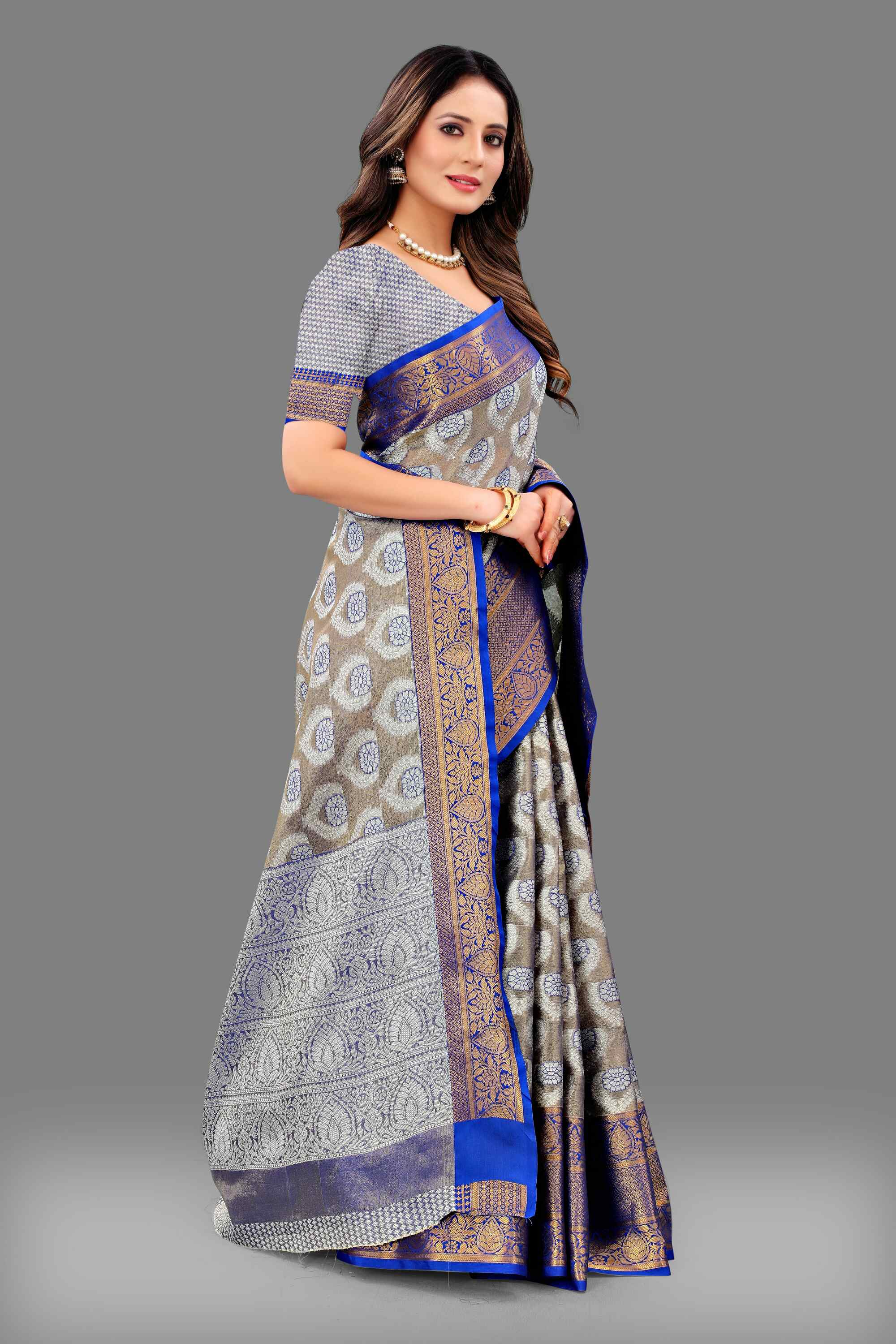 Blue Soft Organza Silk Saree  With Rich golden Zari Wooven  Pallu  Zari weawing