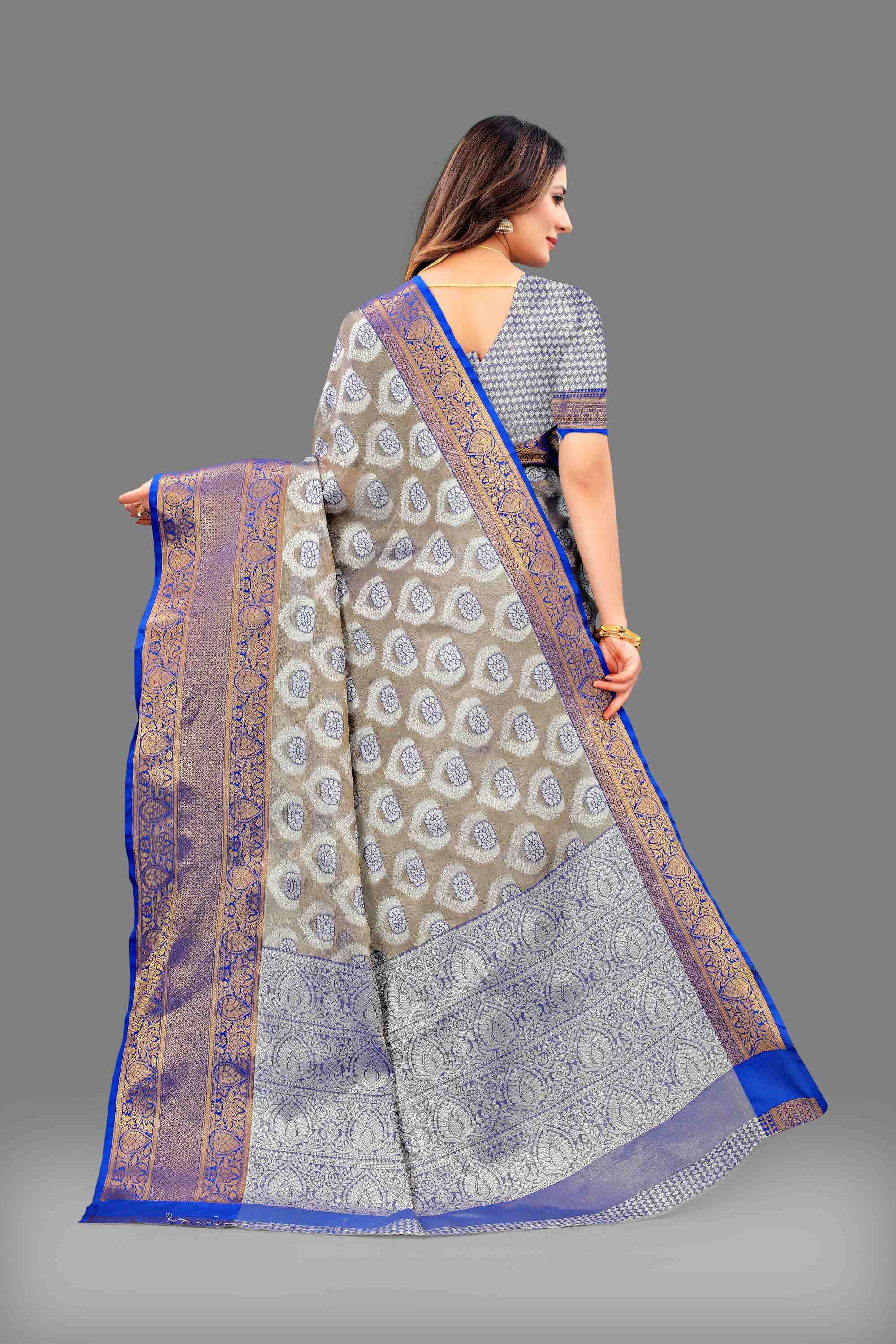 Blue Soft Organza Silk Saree  With Rich golden Zari Wooven  Pallu  Zari weawing