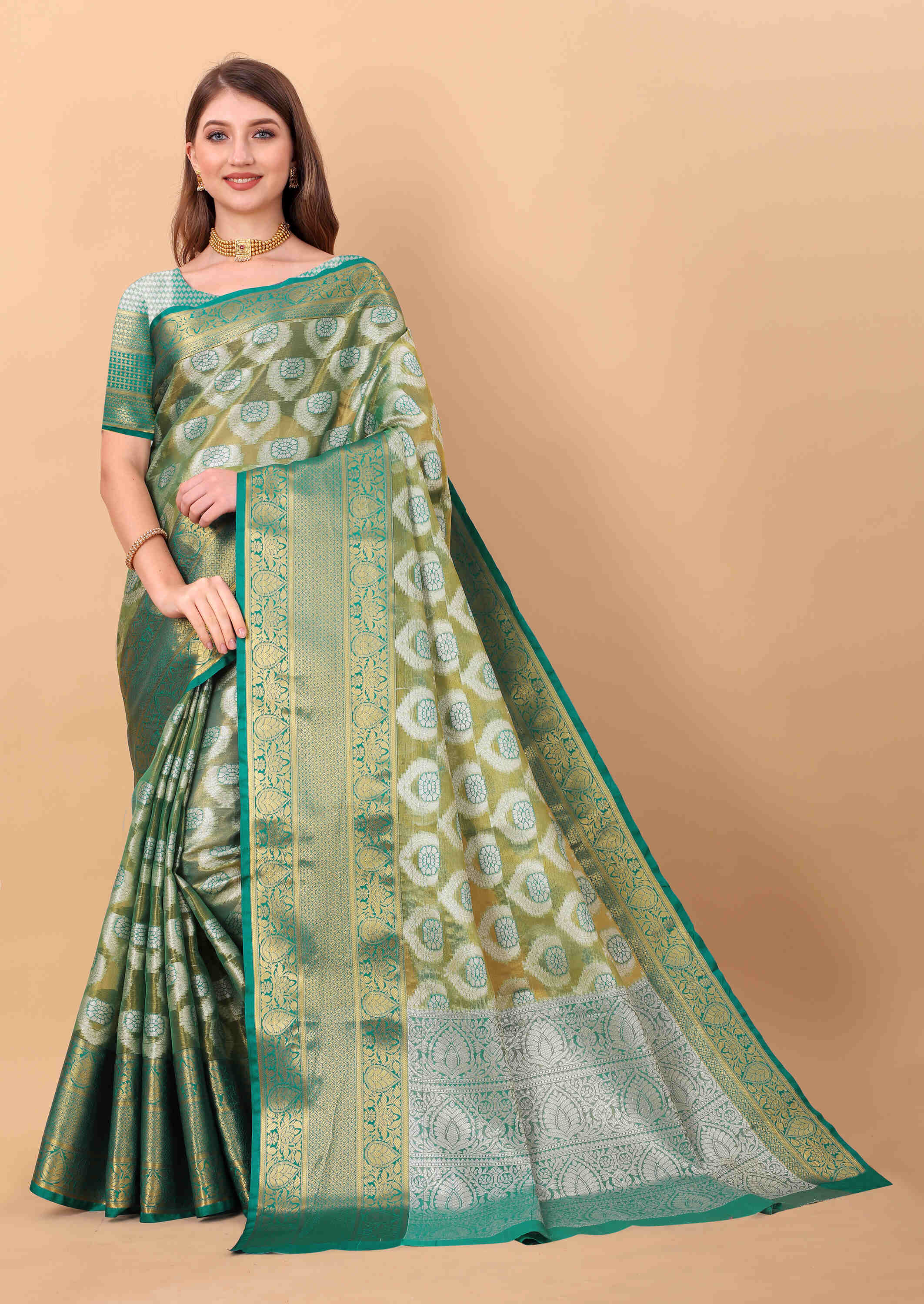 Green Soft Organza Silk Saree  With Rich golden Zari Wooven  Pallu  Zari weawing