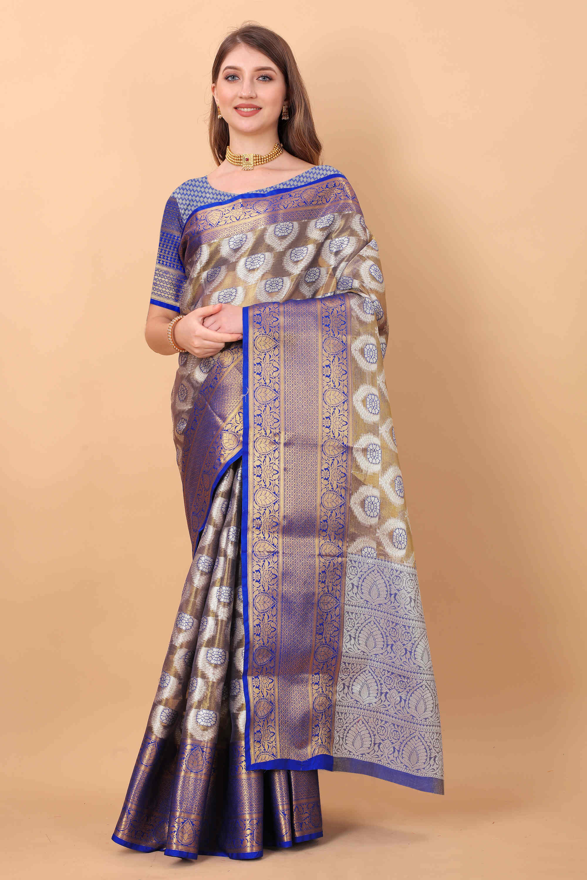 Blue Soft Organza Silk Saree  With Rich golden Zari Wooven  Pallu  Zari weawing