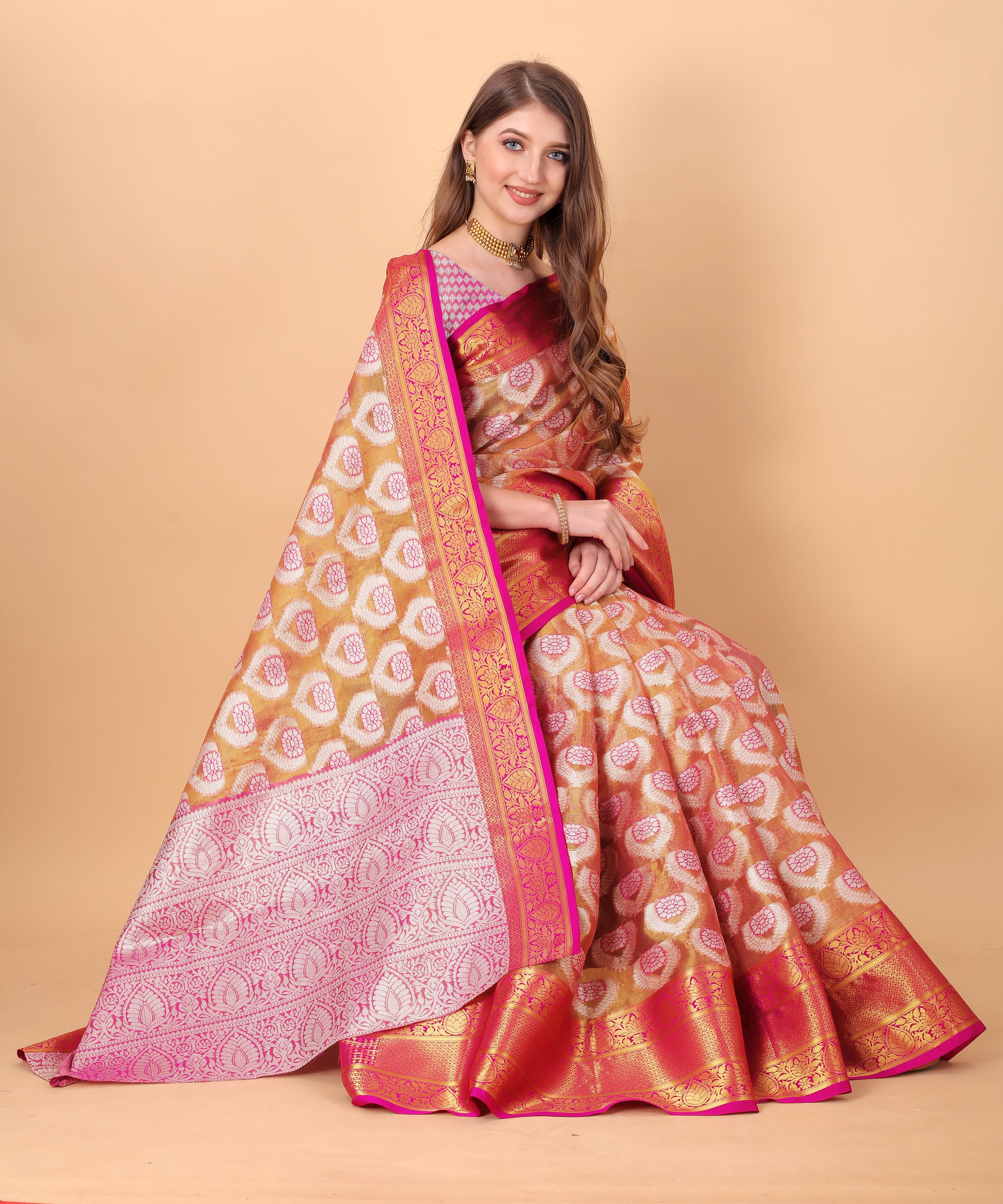 Pink Soft Organza Silk Saree  With Rich golden Zari Wooven  Pallu  Zari weawing